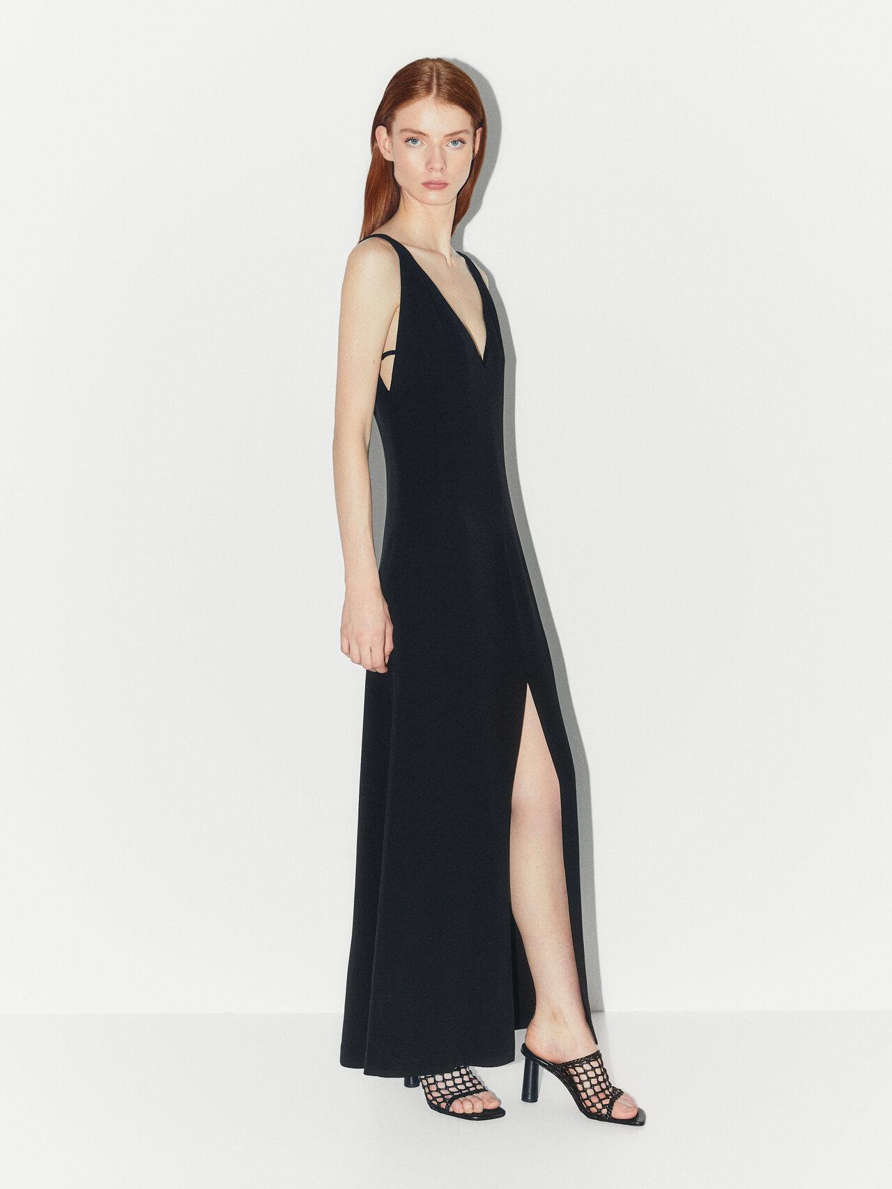 MASSIMO DUTTI Long V-neck Dress in Black | Lyst