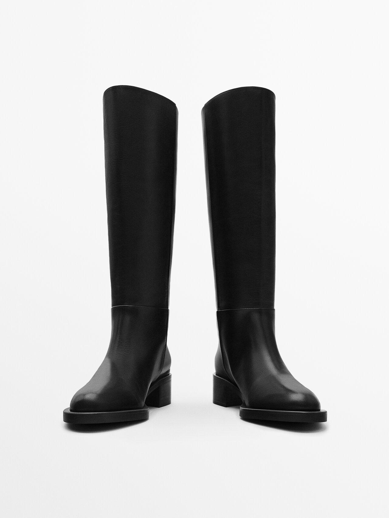 MASSIMO DUTTI Flat Leather Boots in Black | Lyst