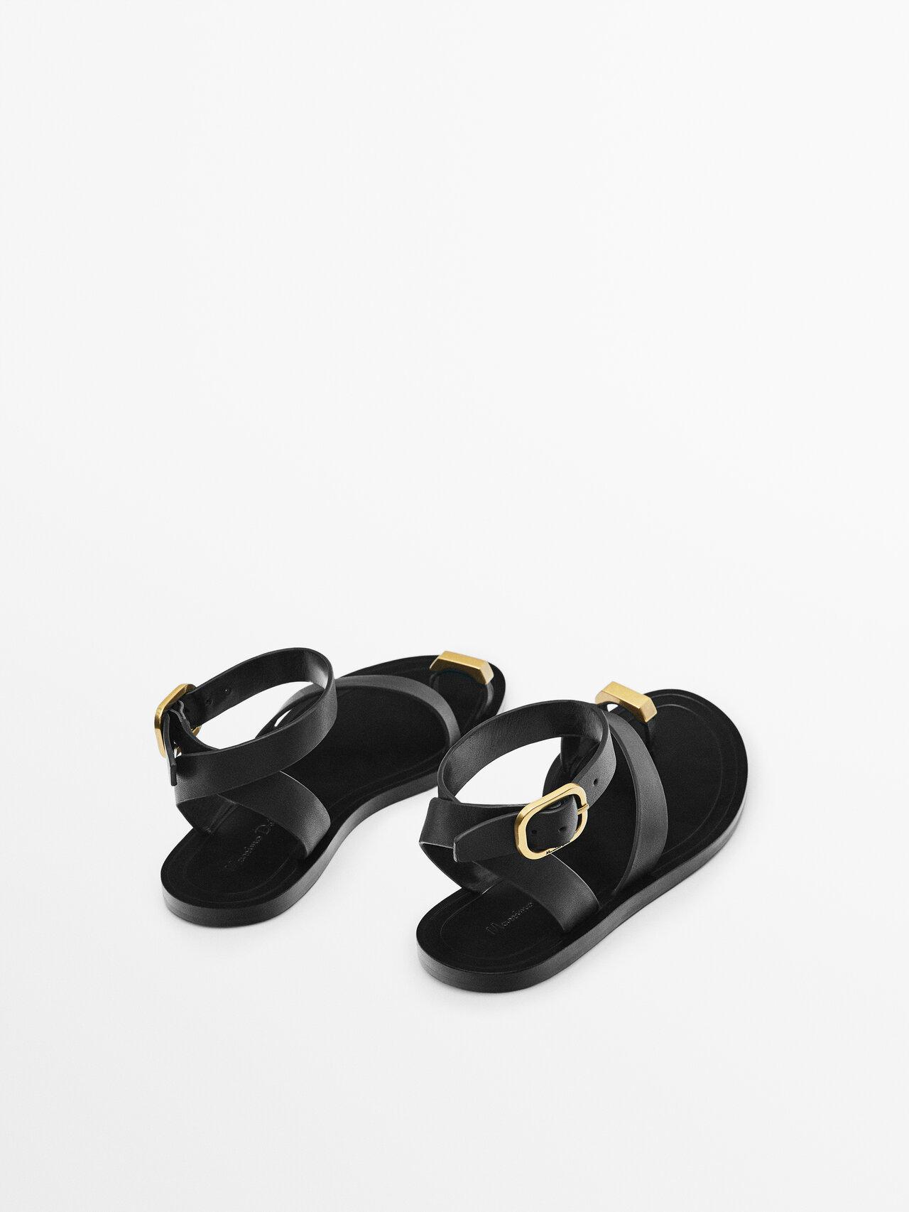 MASSIMO DUTTI Leather Flat Slider Sandals With Metallic Piece in White |  Lyst