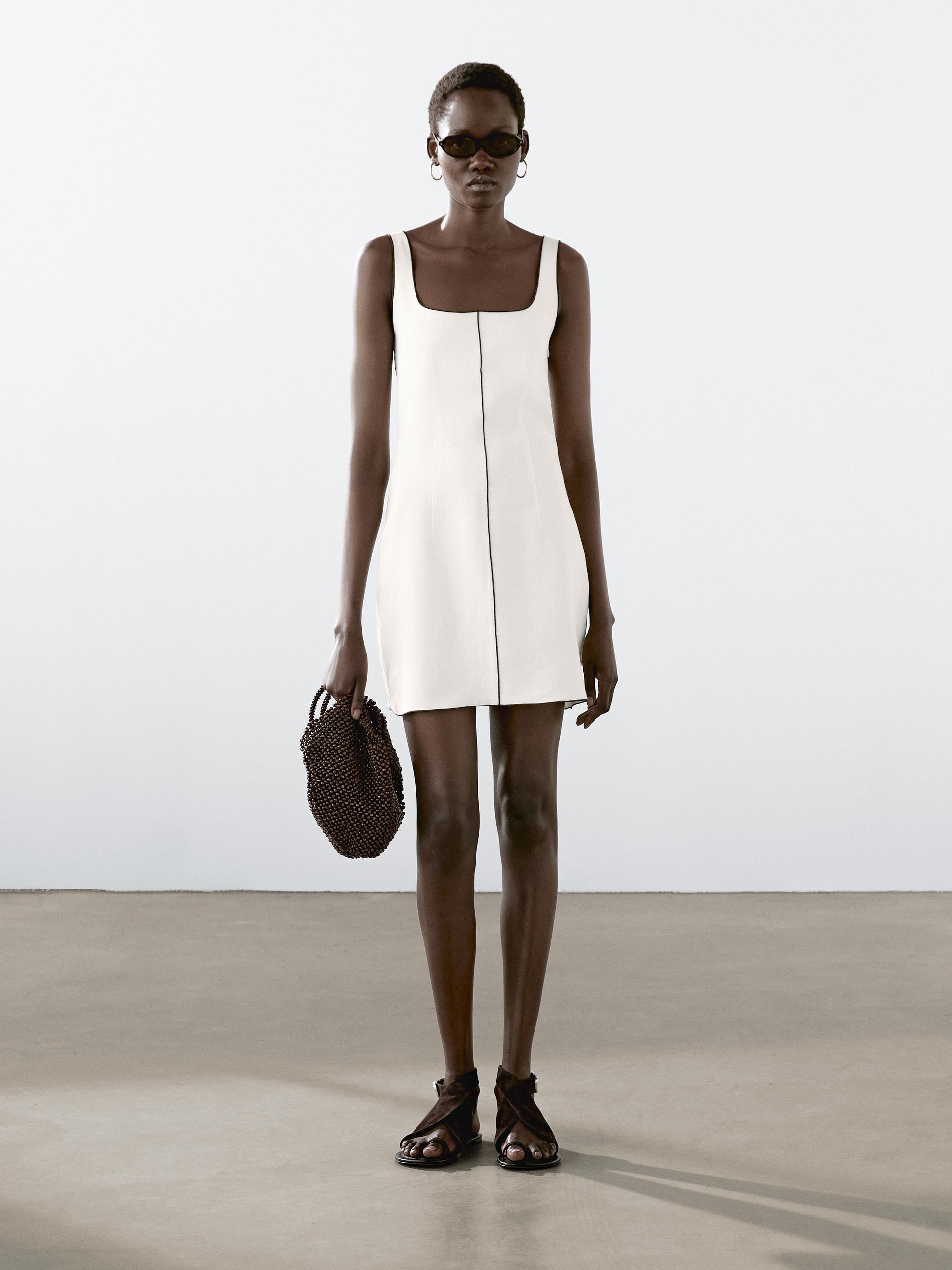 MASSIMO DUTTI Linen Mini Dress With Contrast Trims in White | Lyst UK