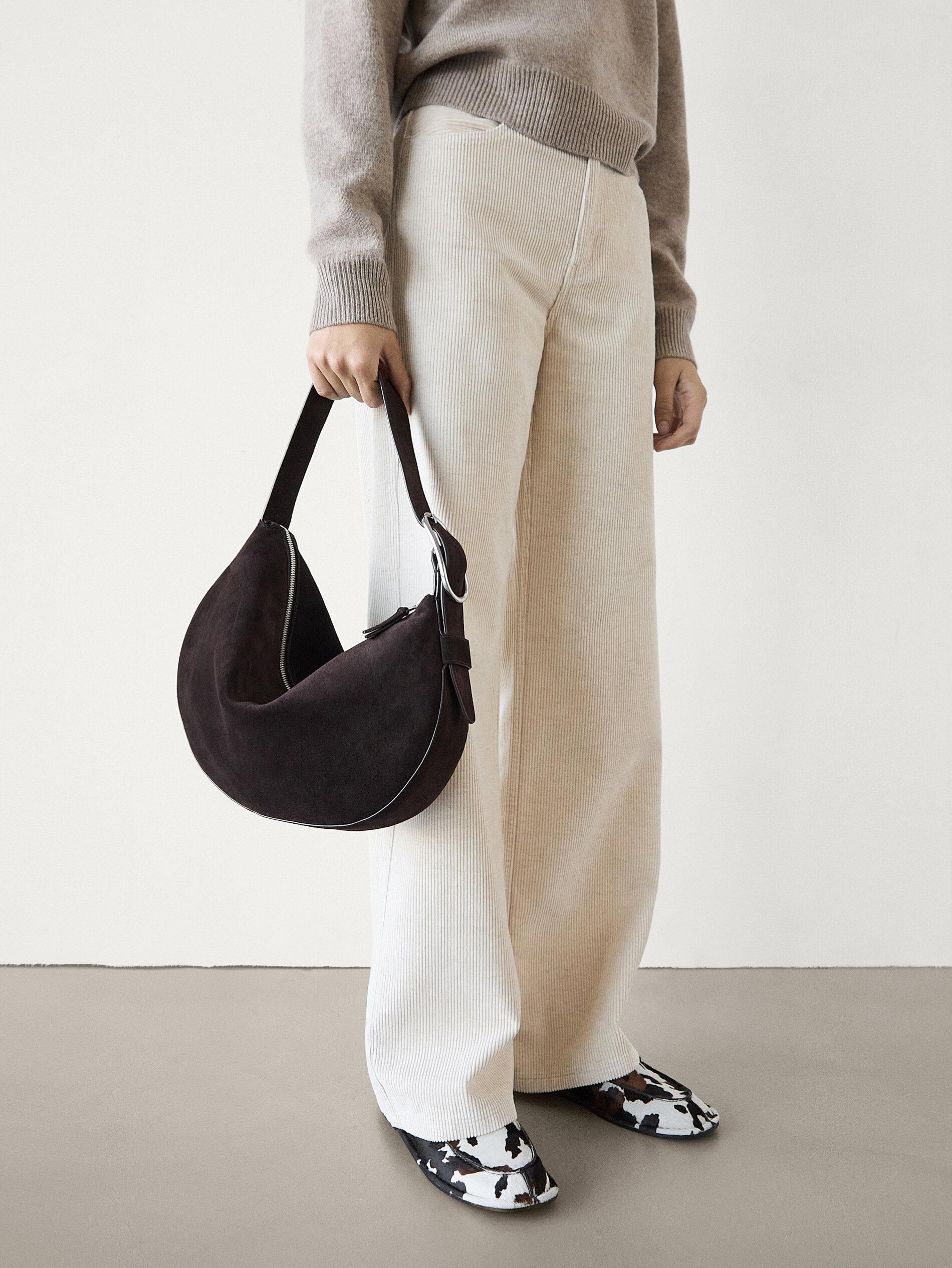 Massimo Dutti Black Suede Hobo Handbag Split Suede Leather Bucket