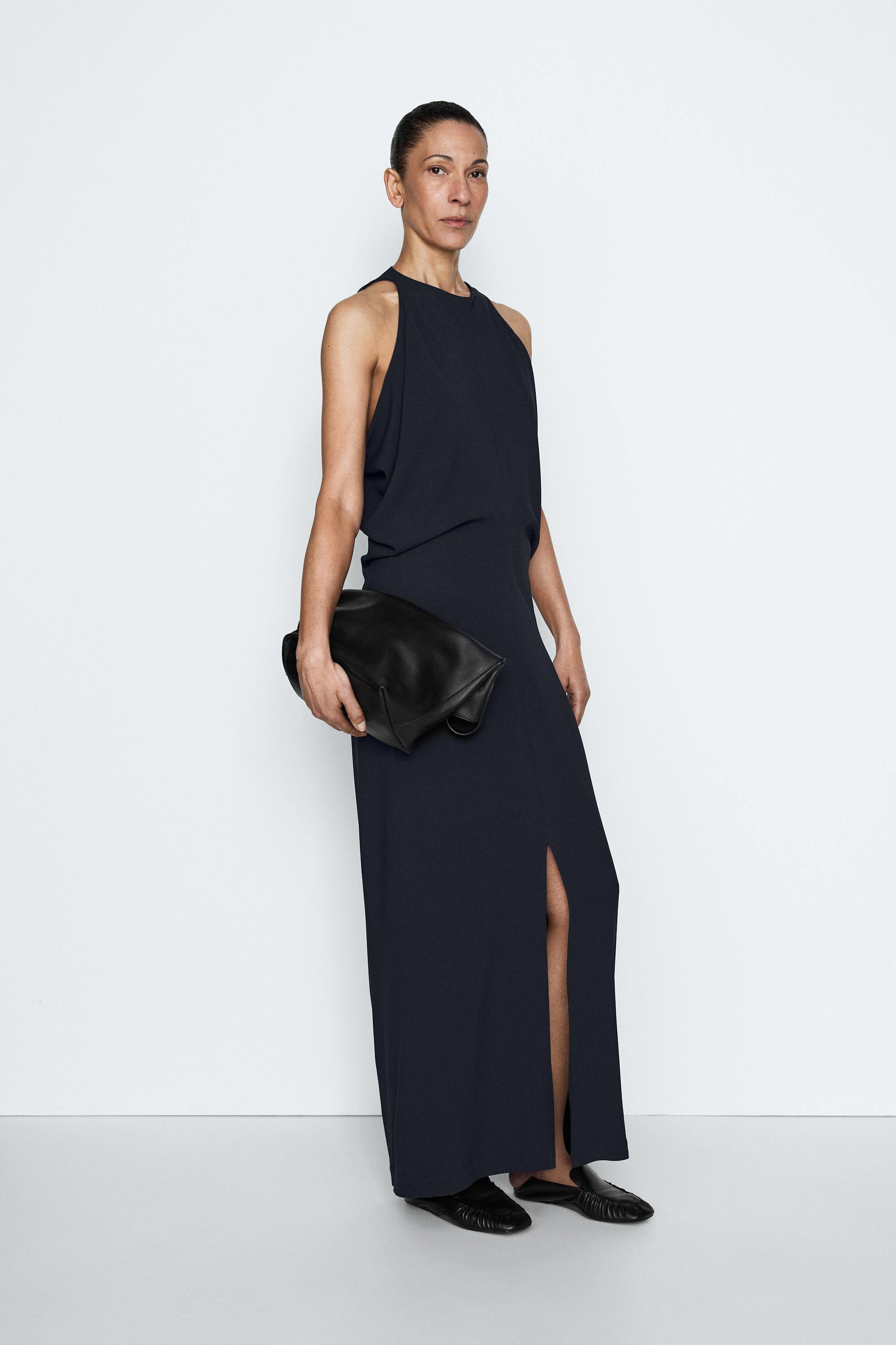 massimo dutti black pleated dress Massimo Dutti Limited Edition Black Sheer V-Neck Tulle Draped Maxi Dress XS