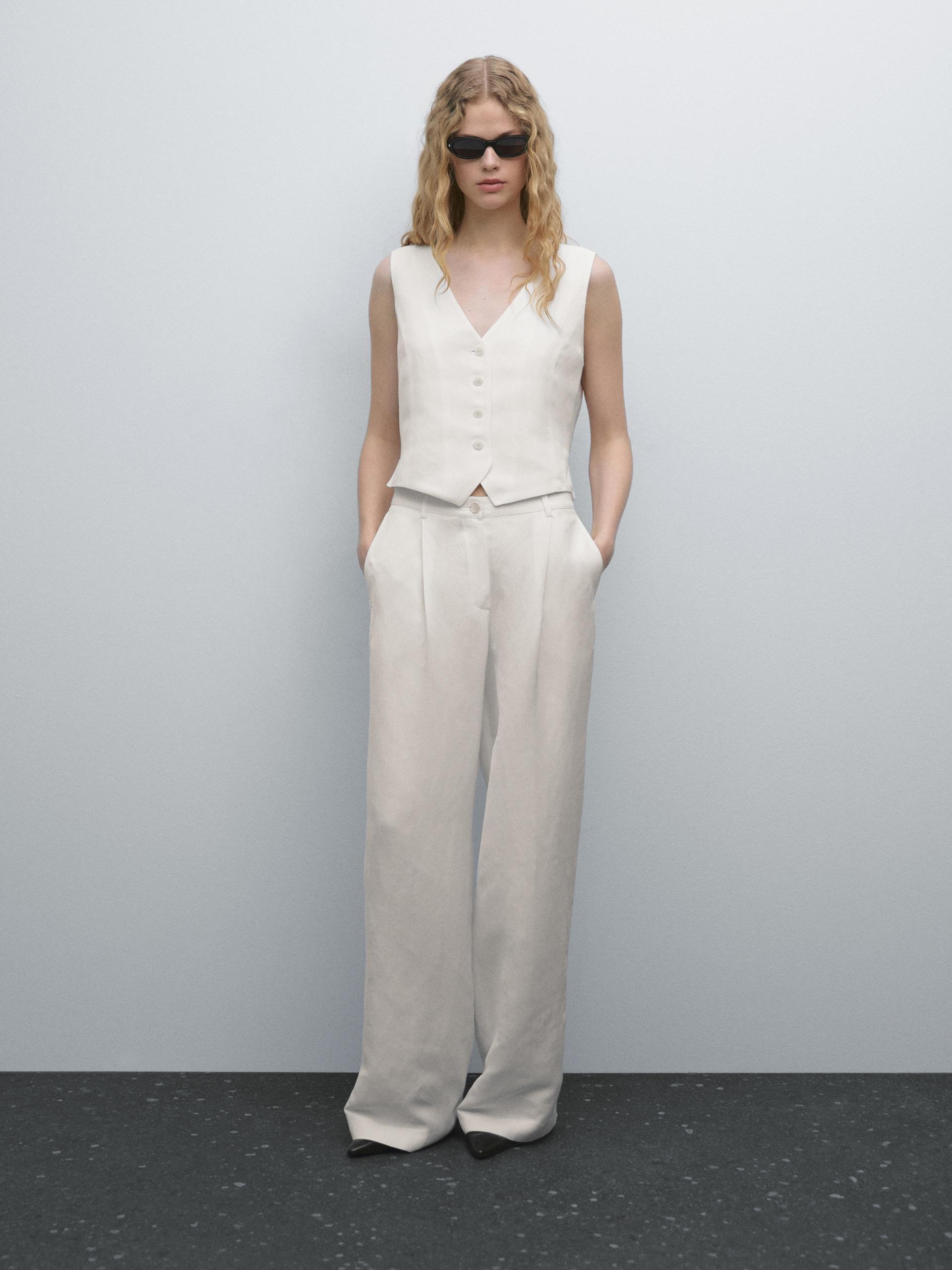 Pantalones Cortos Pantalon Blanco Massimo Dutti Mujer Wide Leg