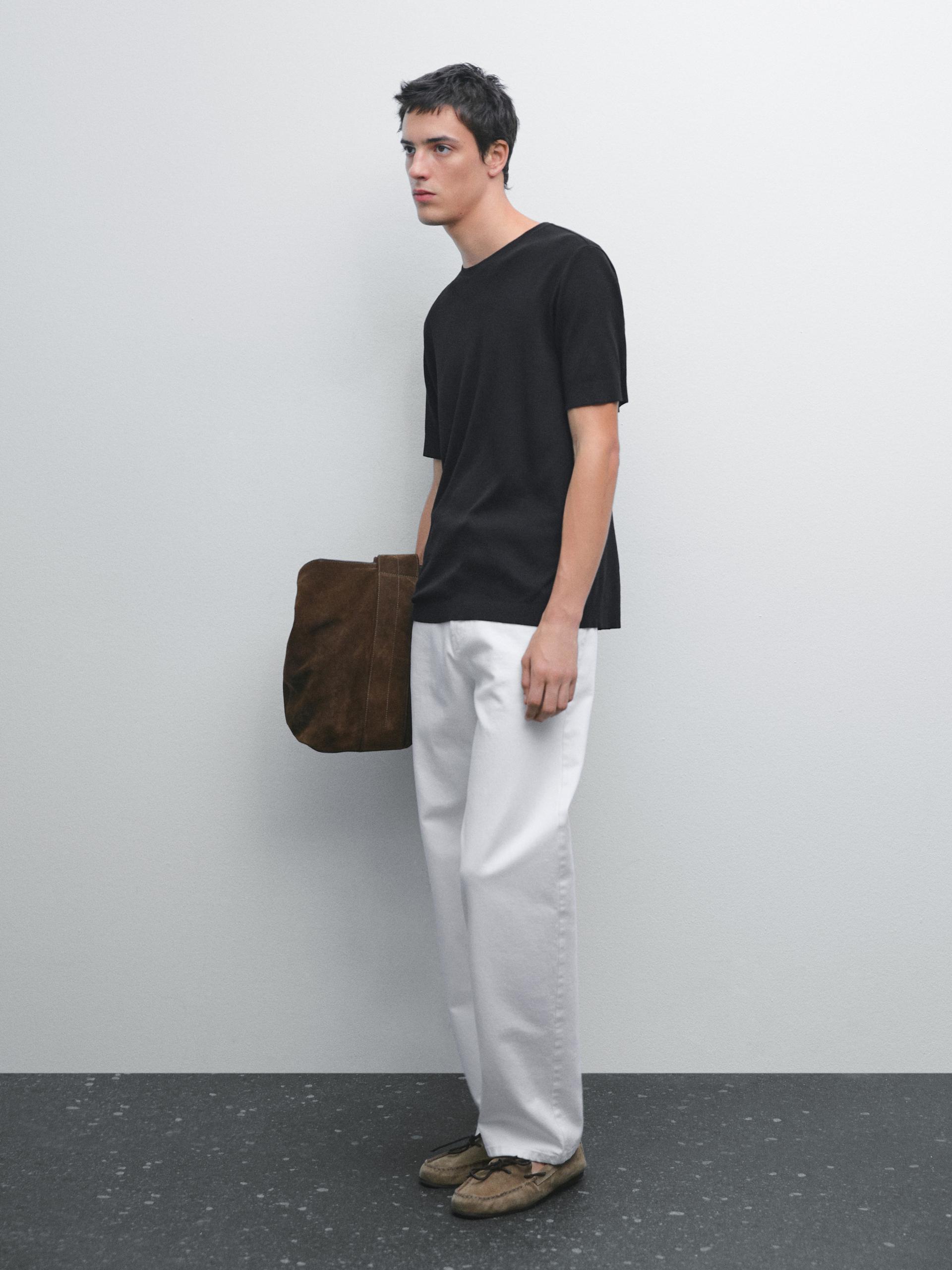 MASSIMO DUTTI 100% Cotton T-Shirt With Ribbed Trims in Grey