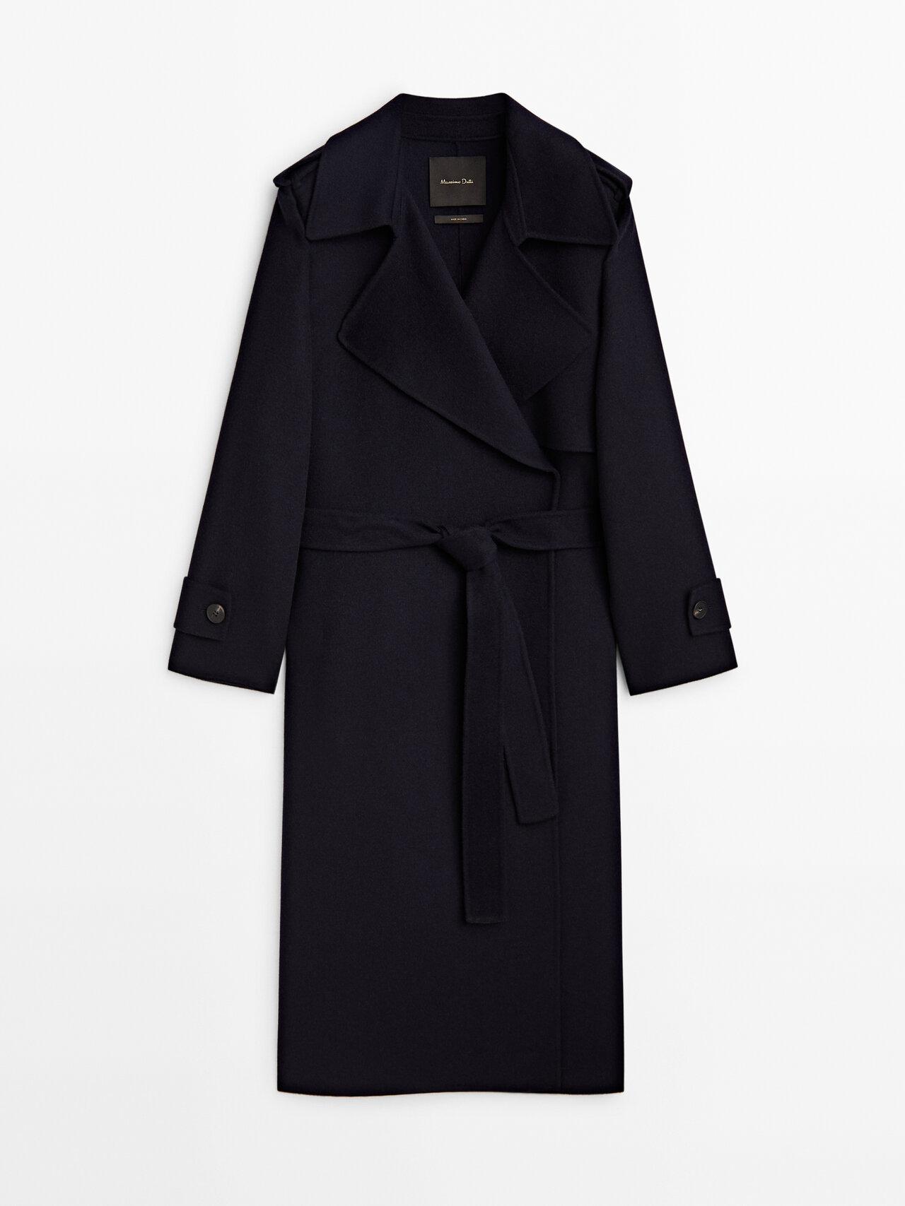 MASSIMO DUTTI Long Trench-effect Wool Blend Coat in Blue | Lyst