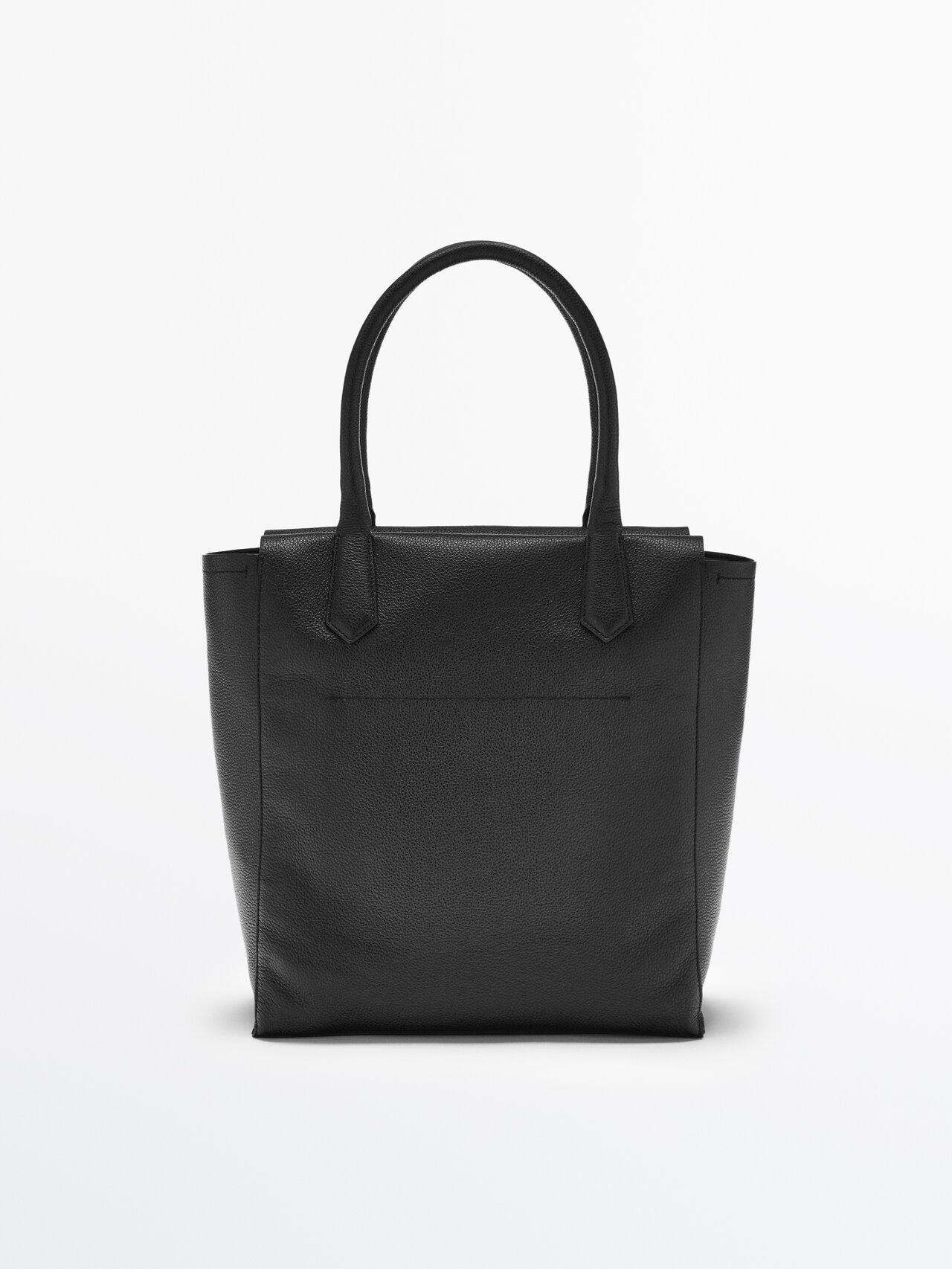 MASSIMO DUTTI Tumbled Leather Tote Bag in Black | Lyst