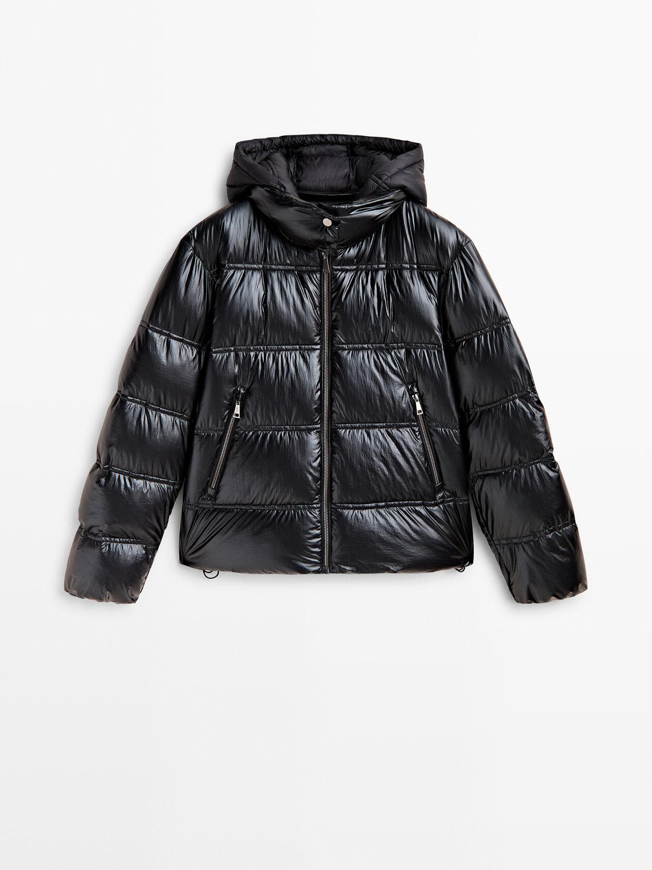 MASSIMO DUTTI Puffer Jacket With Contrast Hood in Black | Lyst