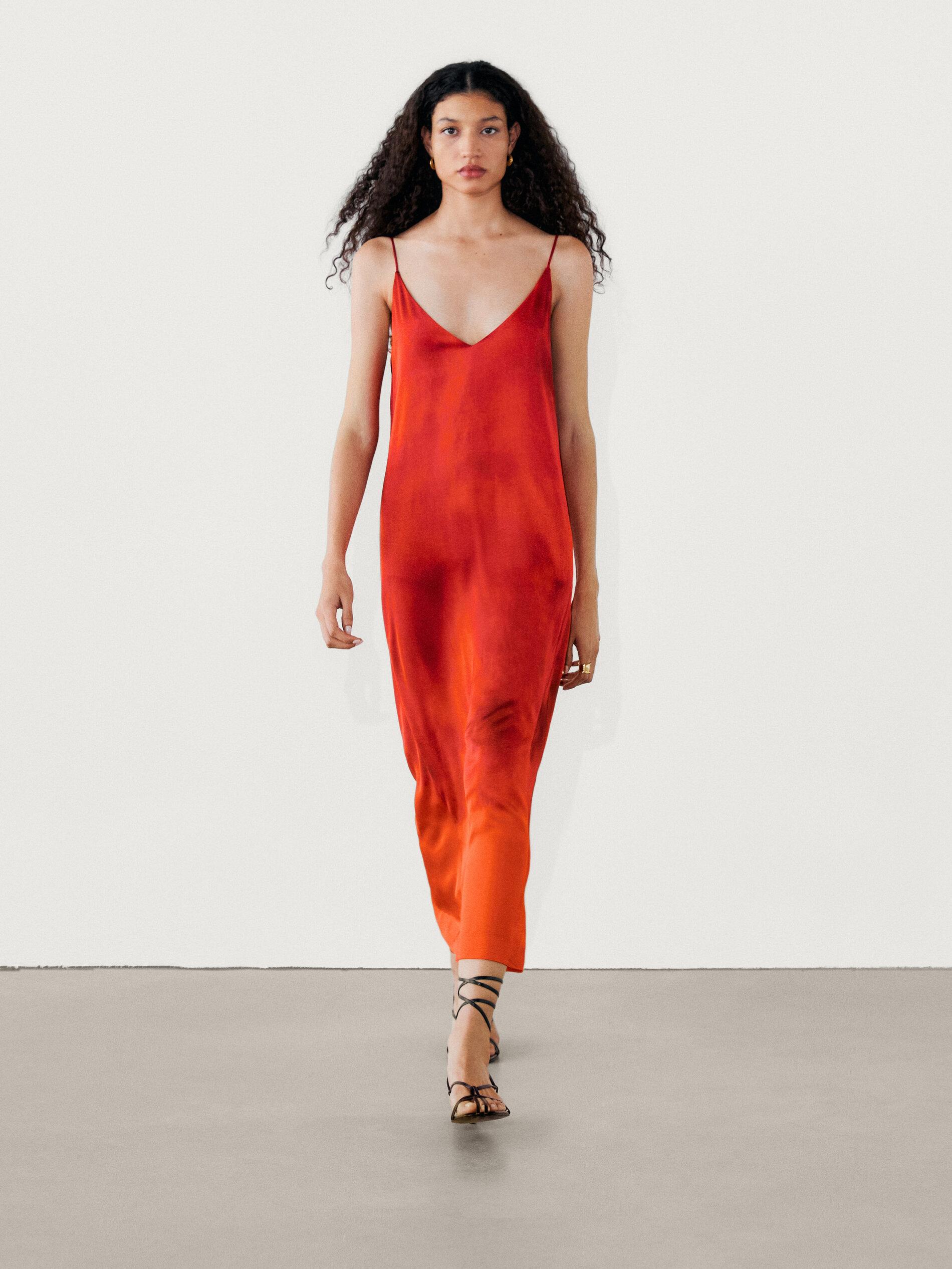 red linen dress massimo dutti MASSIMO DUTTI 100% Linen Round Neck Midi Dress in Red