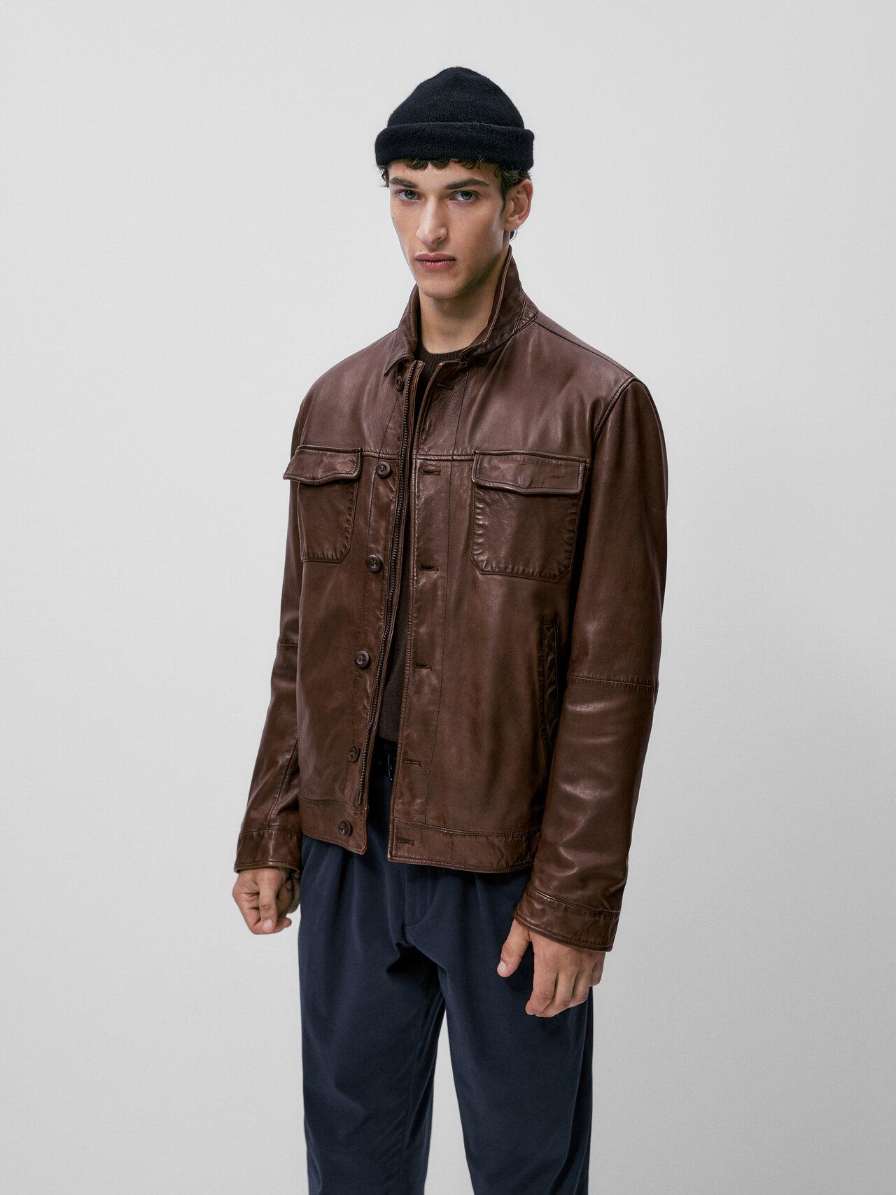 MASSIMO DUTTI Nappa Leather Jacket With Pockets in Brown for Men | Lyst