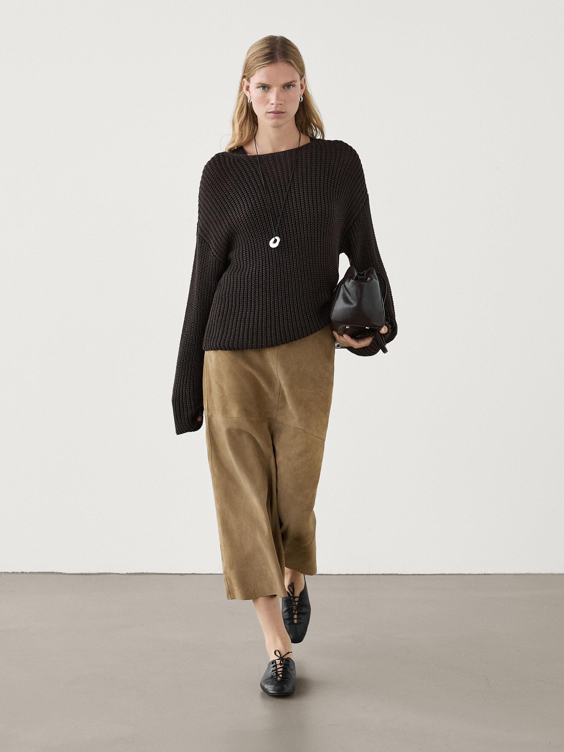MASSIMO DUTTI Straight Fit Suede Leather Midi Skirt in