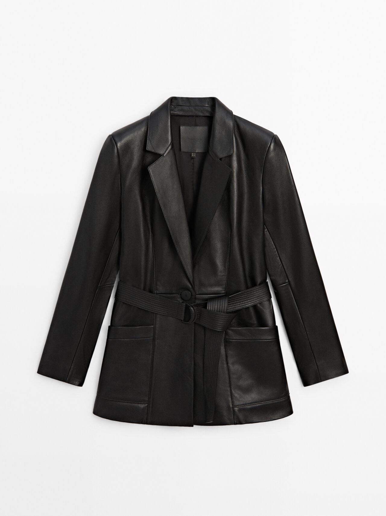 MASSIMO DUTTI Belted Nappa Leather Blazer in Black | Lyst