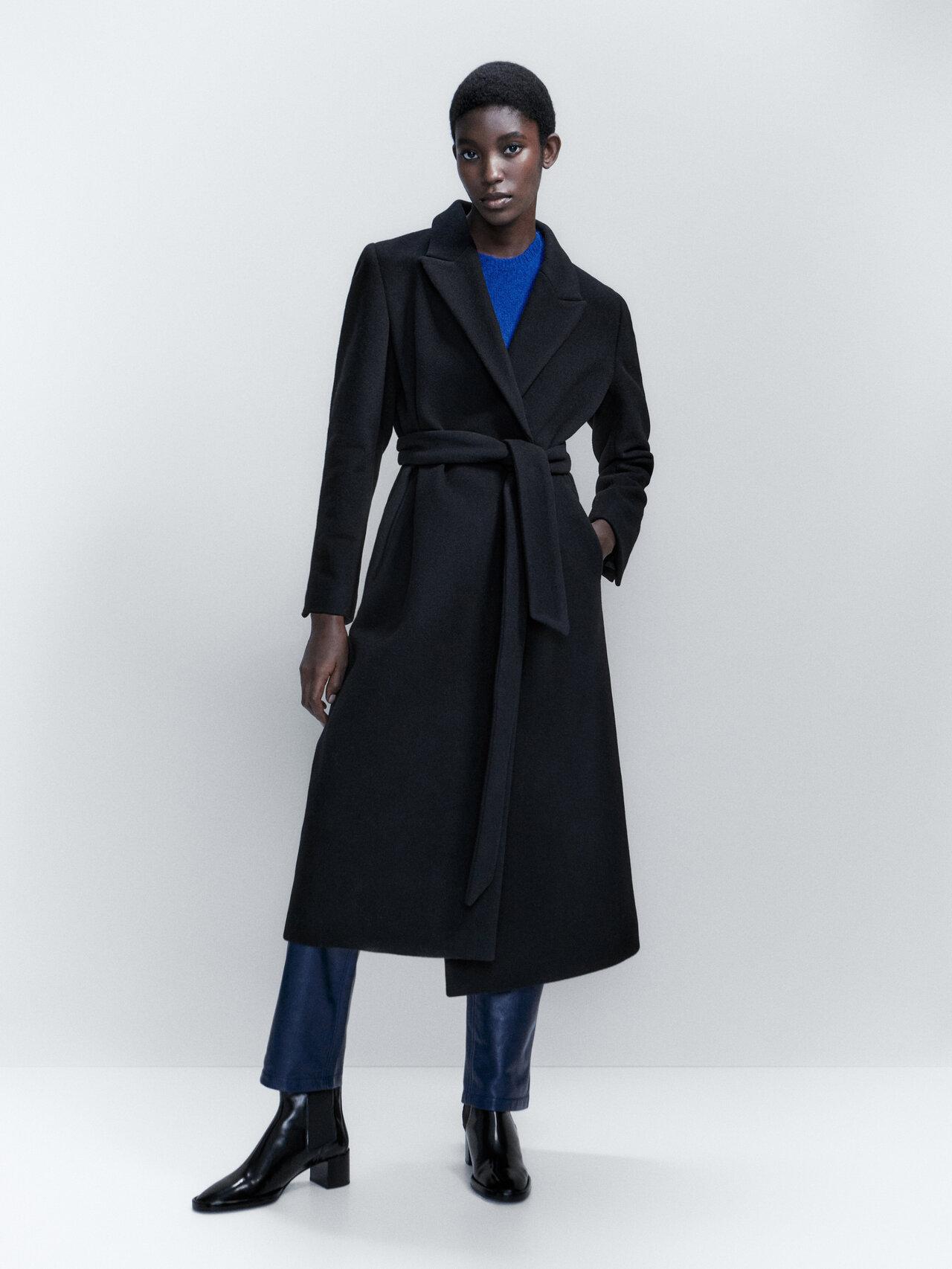 MASSIMO DUTTI Long Wool Blend Robe Coat in Black | Lyst