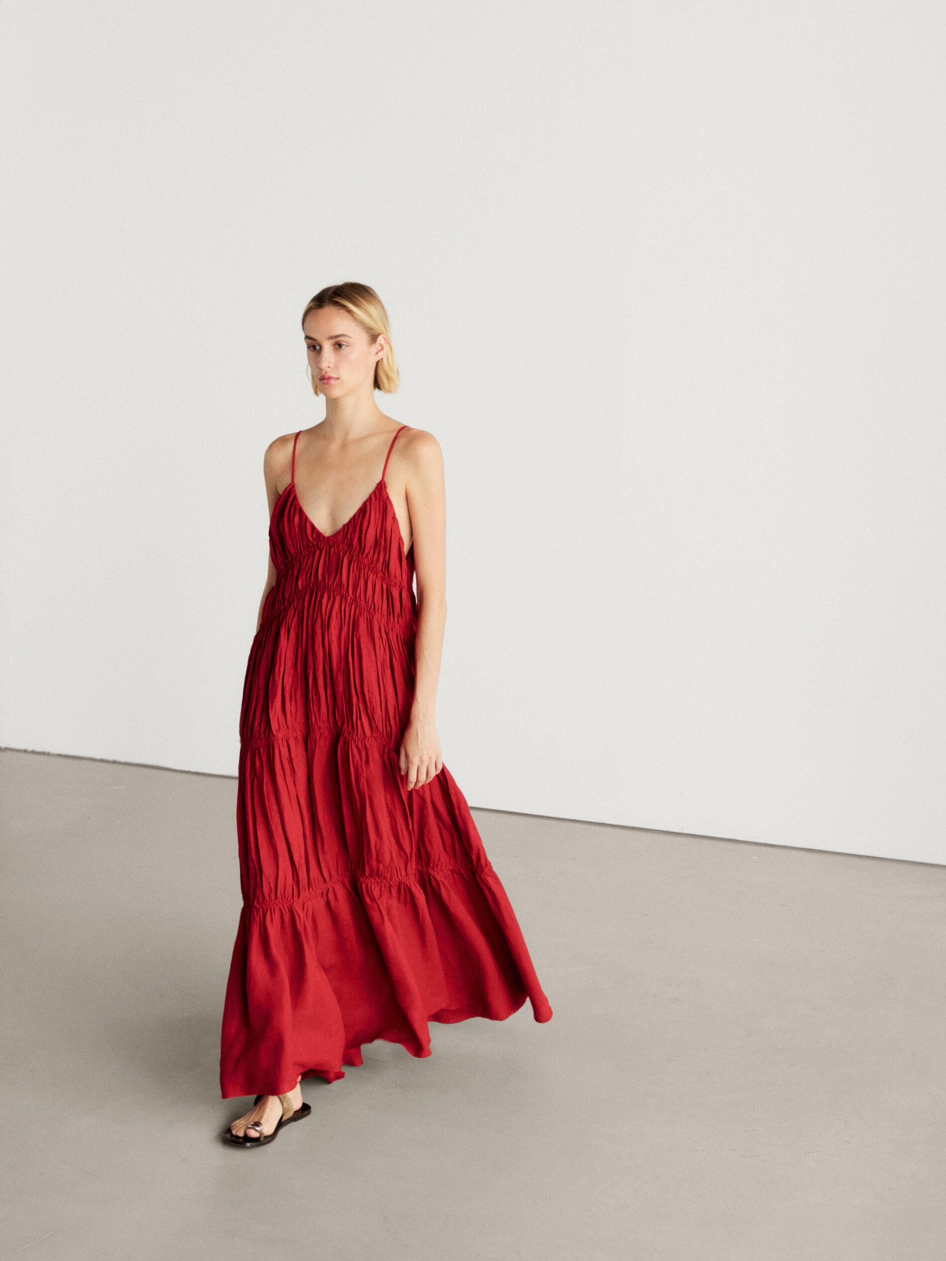 Massimo Dutti【NEW】Long dress with gathered detail Long pleated dress with gathered detail · Cream · Caps And