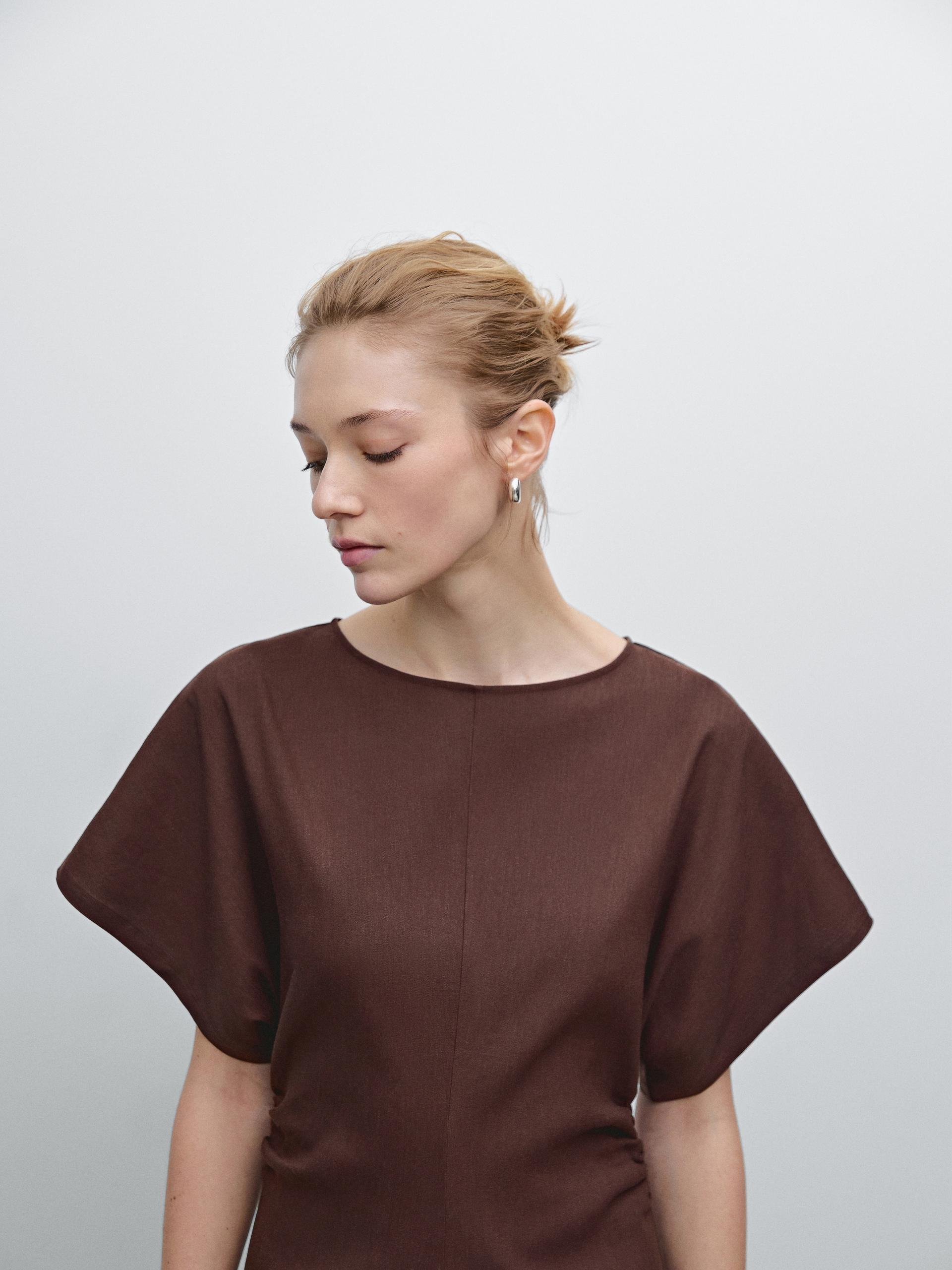 MASSIMO DUTTI Gathered Linen Blend Midi Dress in Brown | Lyst UK MASSIMO DUTTI Gathered Linen Blend Midi Dress in Brown | Lyst UK