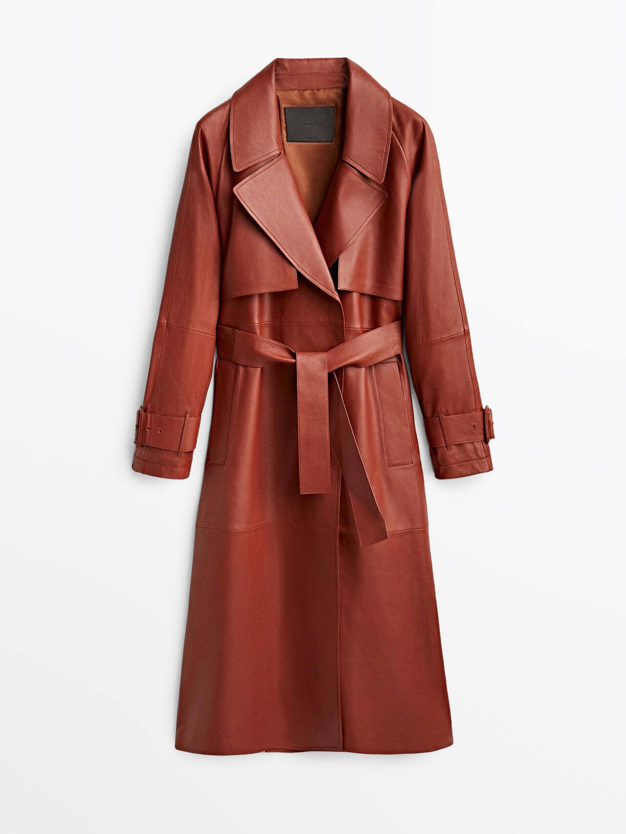 MASSIMO DUTTI Nappa Leather Trench Coat With Belt in Red | Lyst