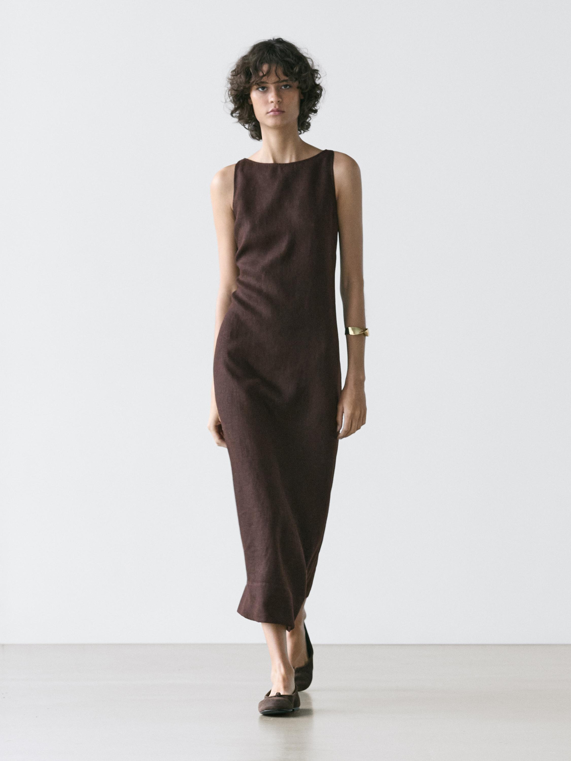 MASSIMO DUTTI Linen Halter Midi Dress in White