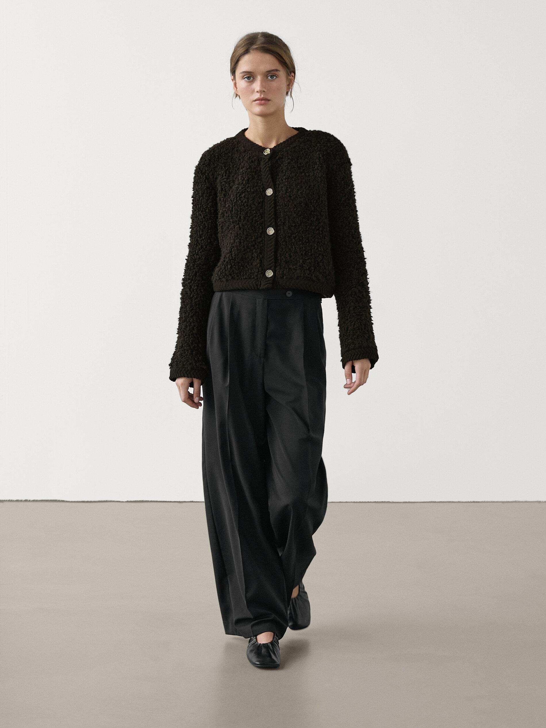 MASSIMO DUTTI Bouclé Cardigan With Rhinestone Button in Blue Lyst UK