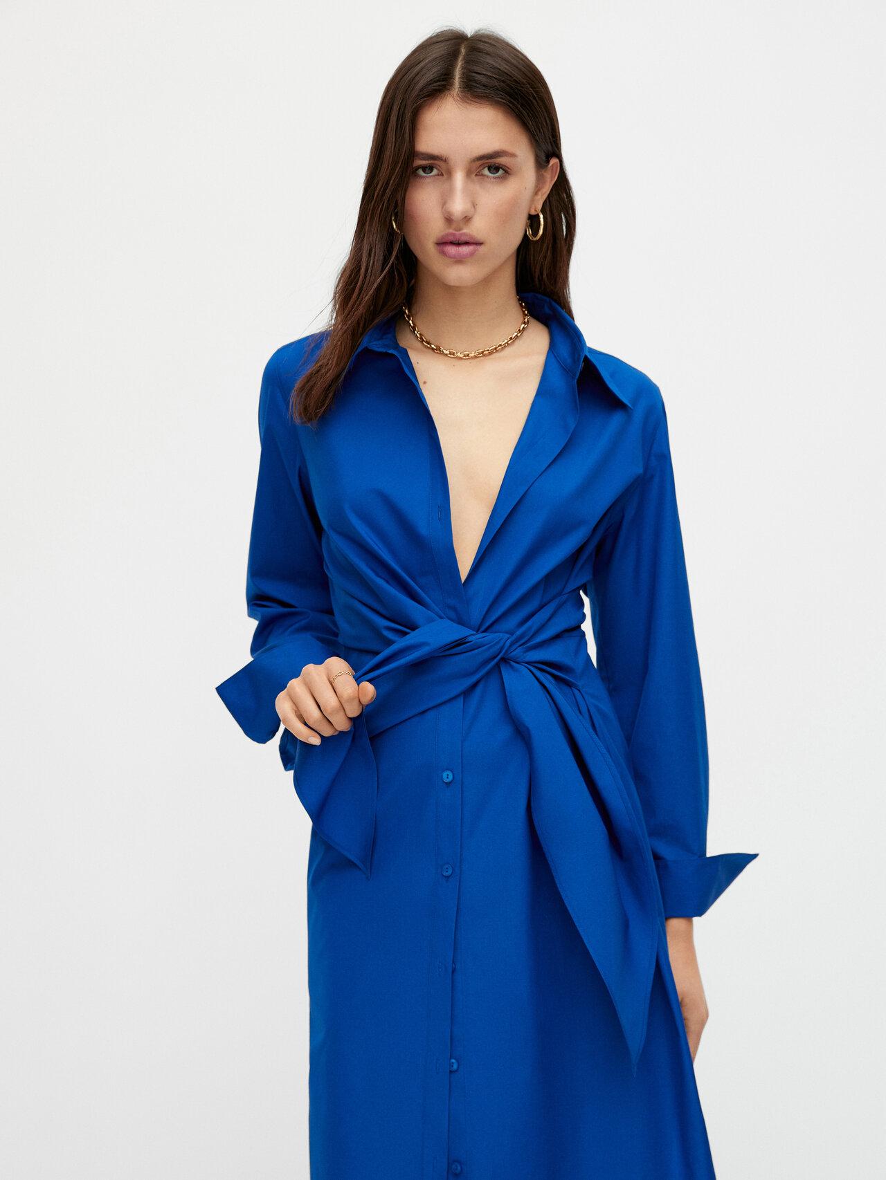 MASSIMO DUTTI Long Poplin Dress With Side Knot in Blue | Lyst