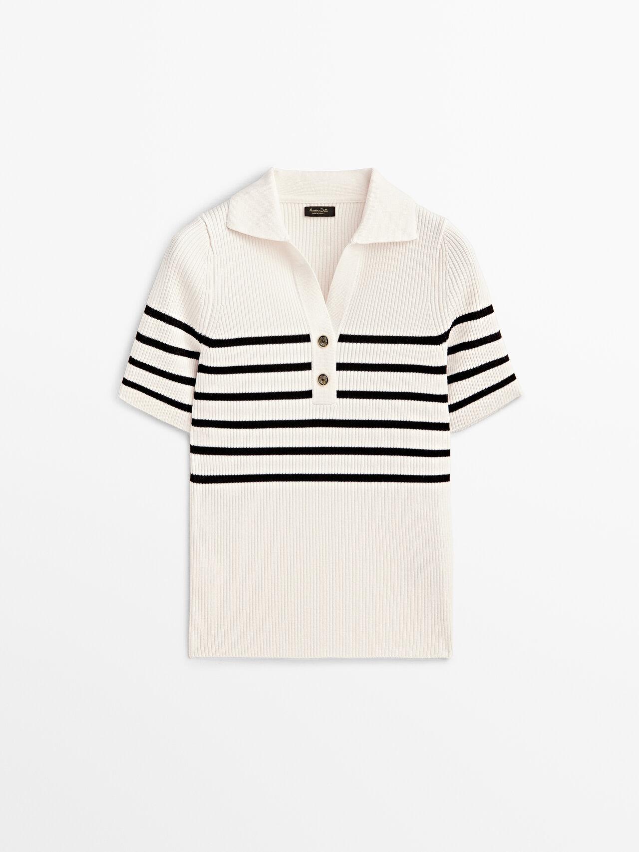 MASSIMO DUTTI Striped Ribbed Polo Collar Sweater in White | Lyst