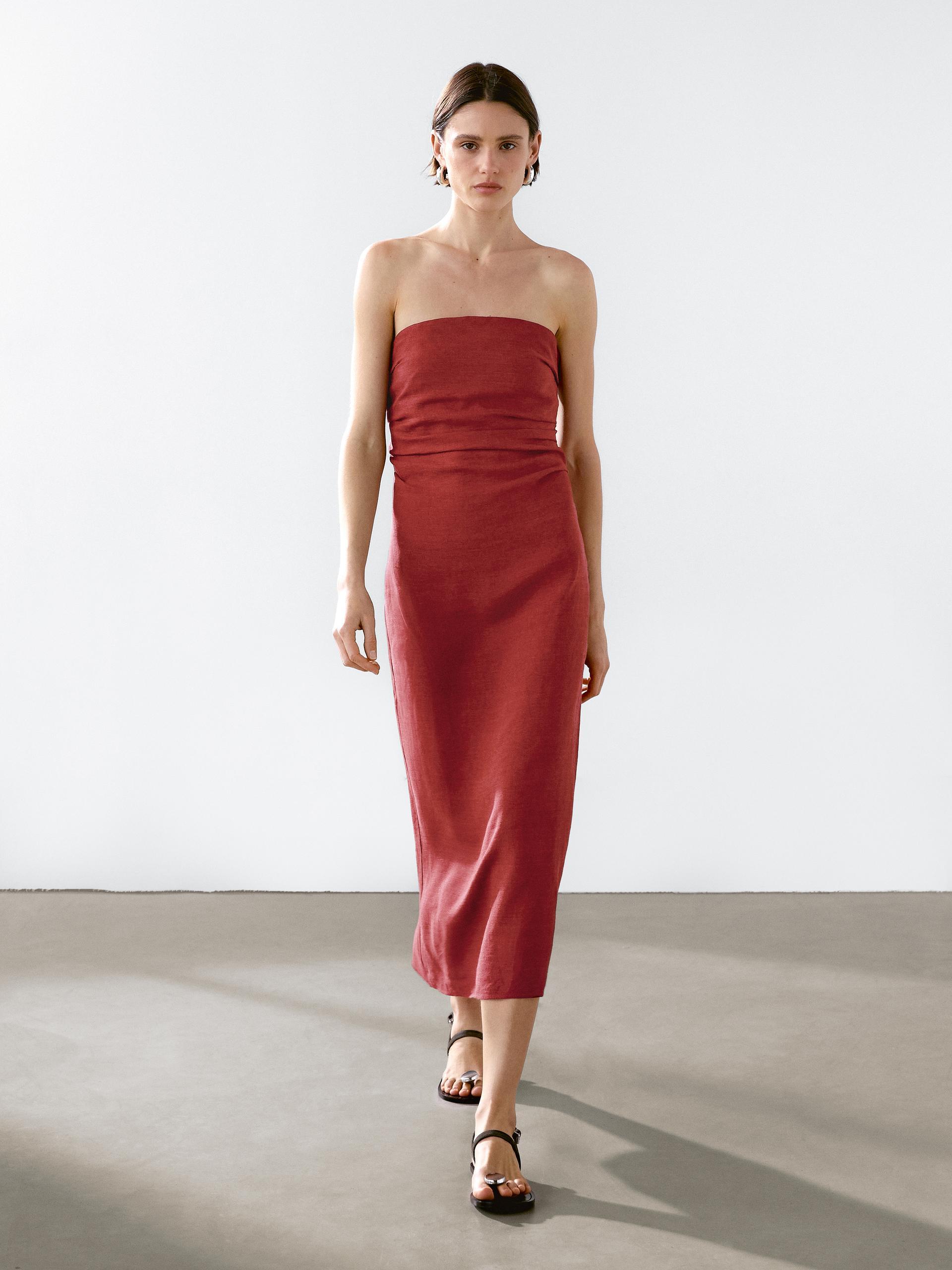 MASSIMO DUTTI Strapless Linen Midi Dress in Red | Lyst UK