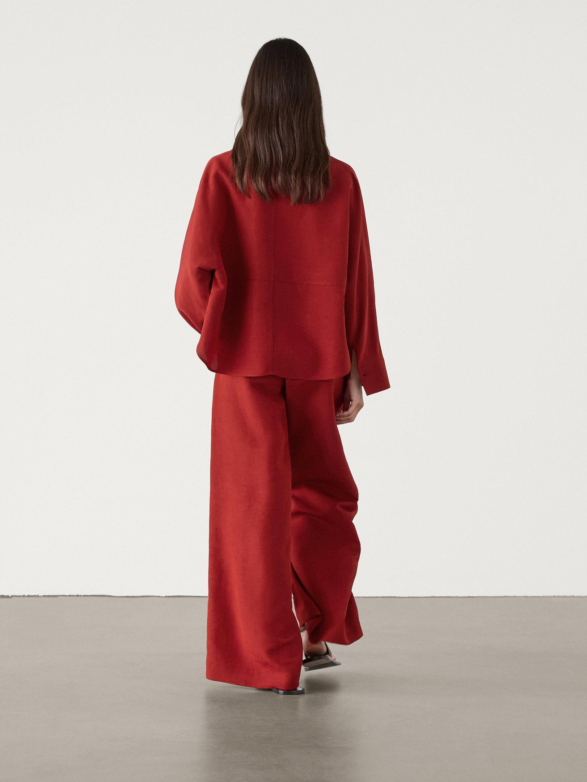 MASSIMO DUTTI Linen Blend Wide-Leg Co-Ord Trousers in Red