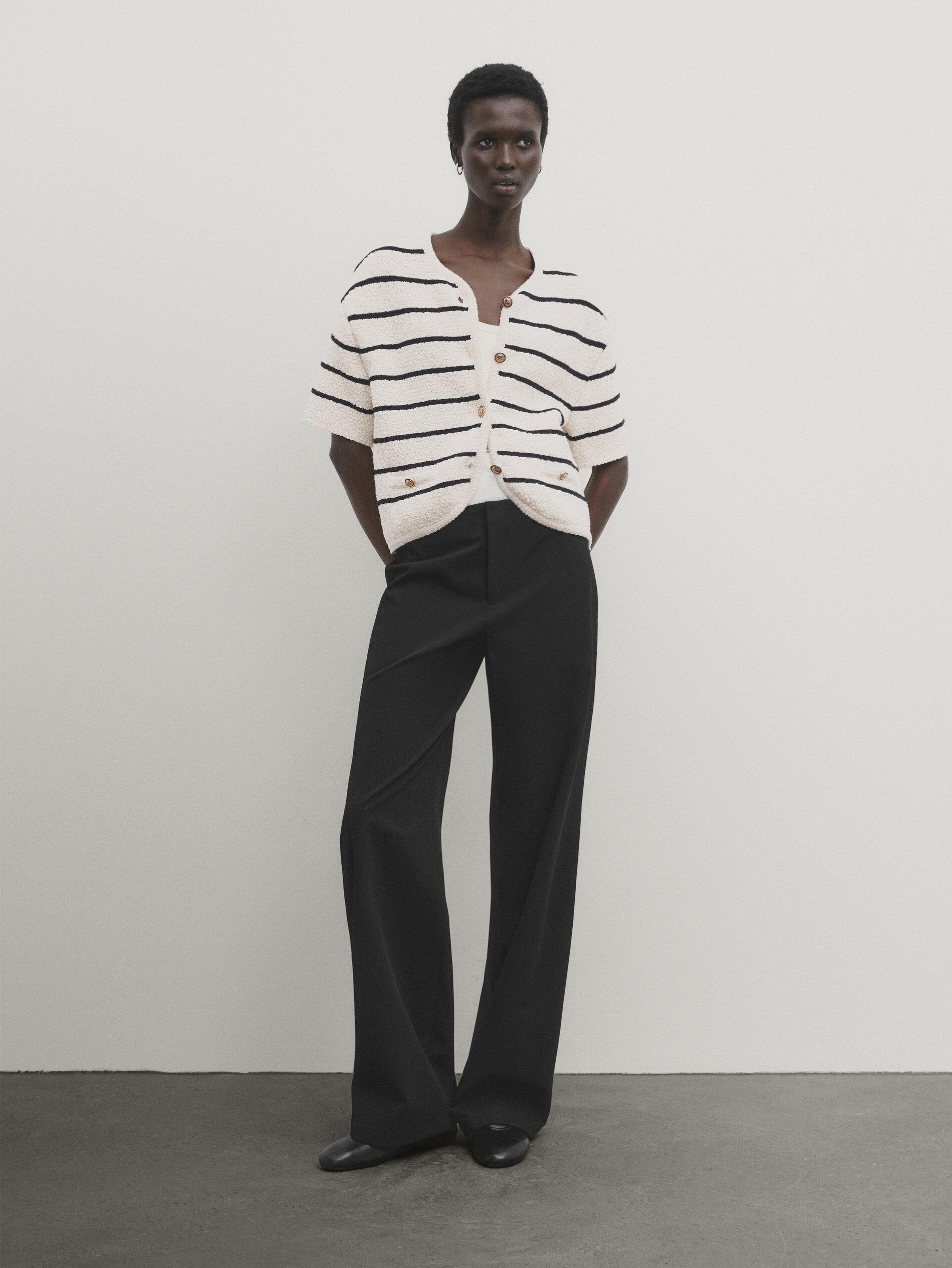 MASSIMO DUTTI Striped Short Sleeve Textured Knit Cardigan in White