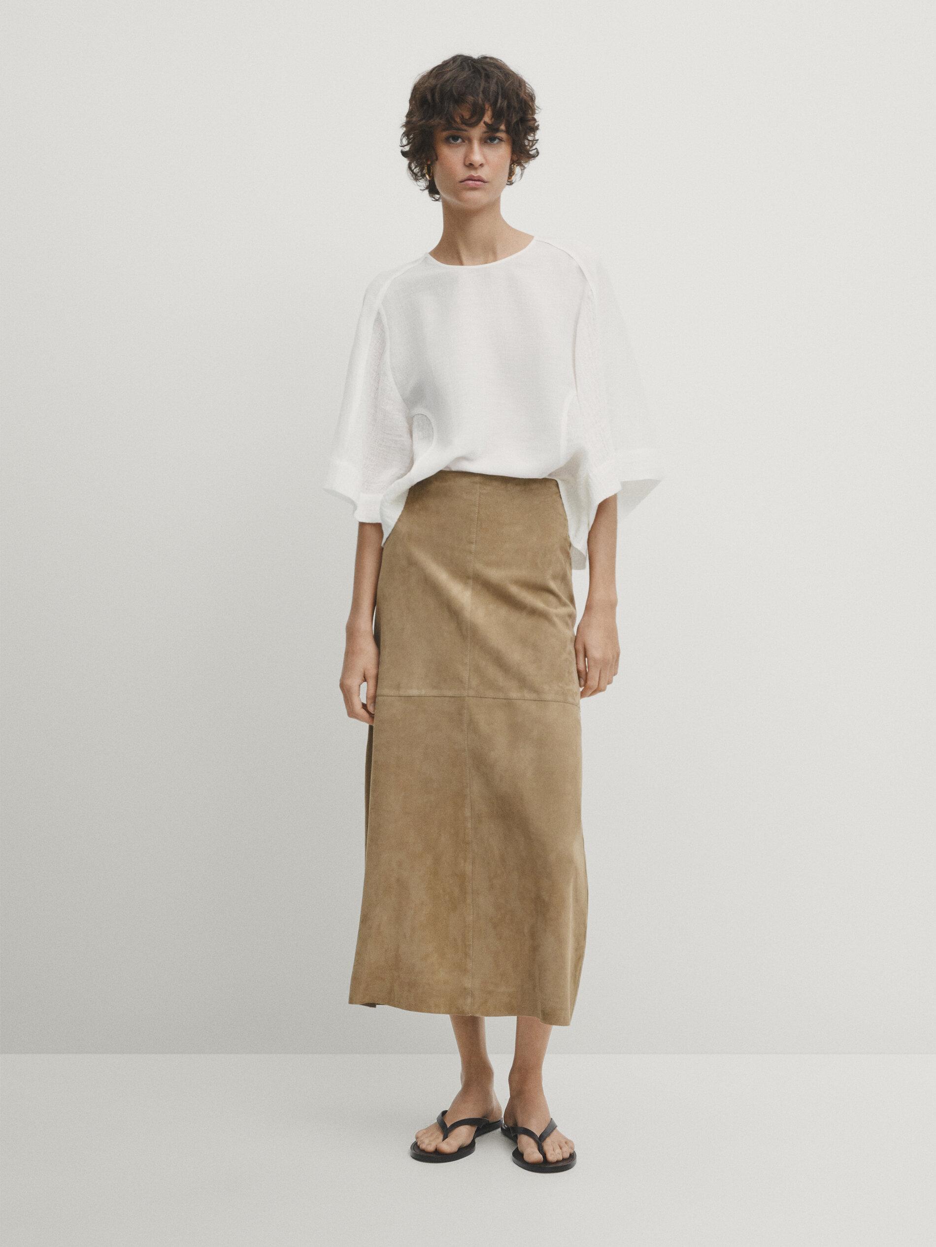 MASSIMO DUTTI Straight Fit Suede Leather Midi Skirt in