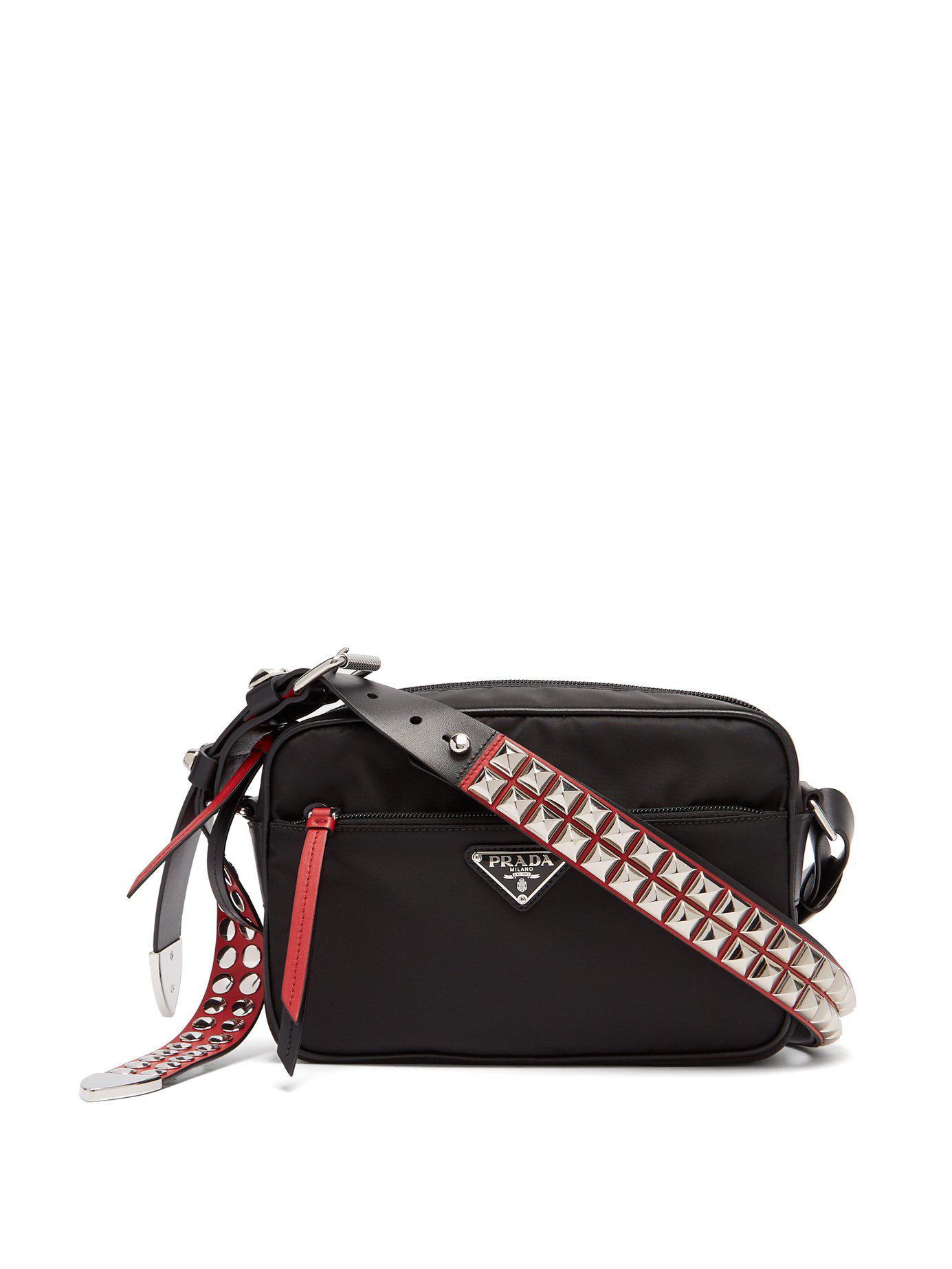 Prada New Vela Studded Nylon Shoulder Bag in Black | Lyst