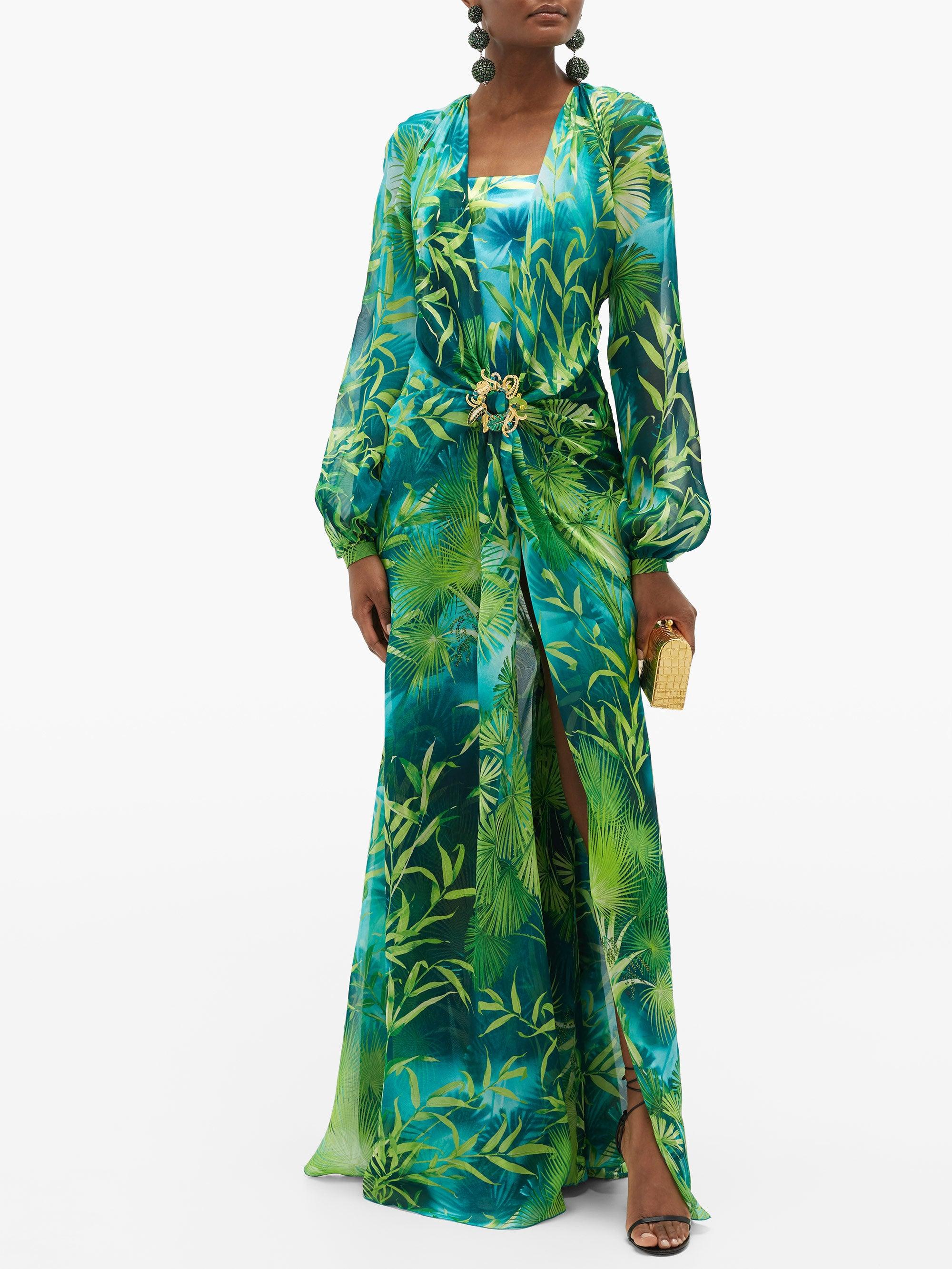 Versace Jungle-print Plunge-neck Silk-chiffon Dress in Green | Lyst