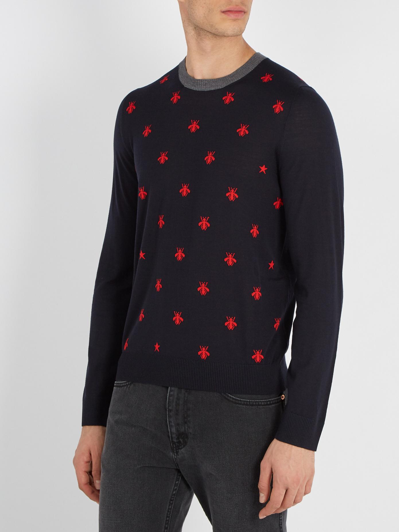 Gucci Bee-embroidered Wool Sweater in Navy (Blue) for Men - Lyst