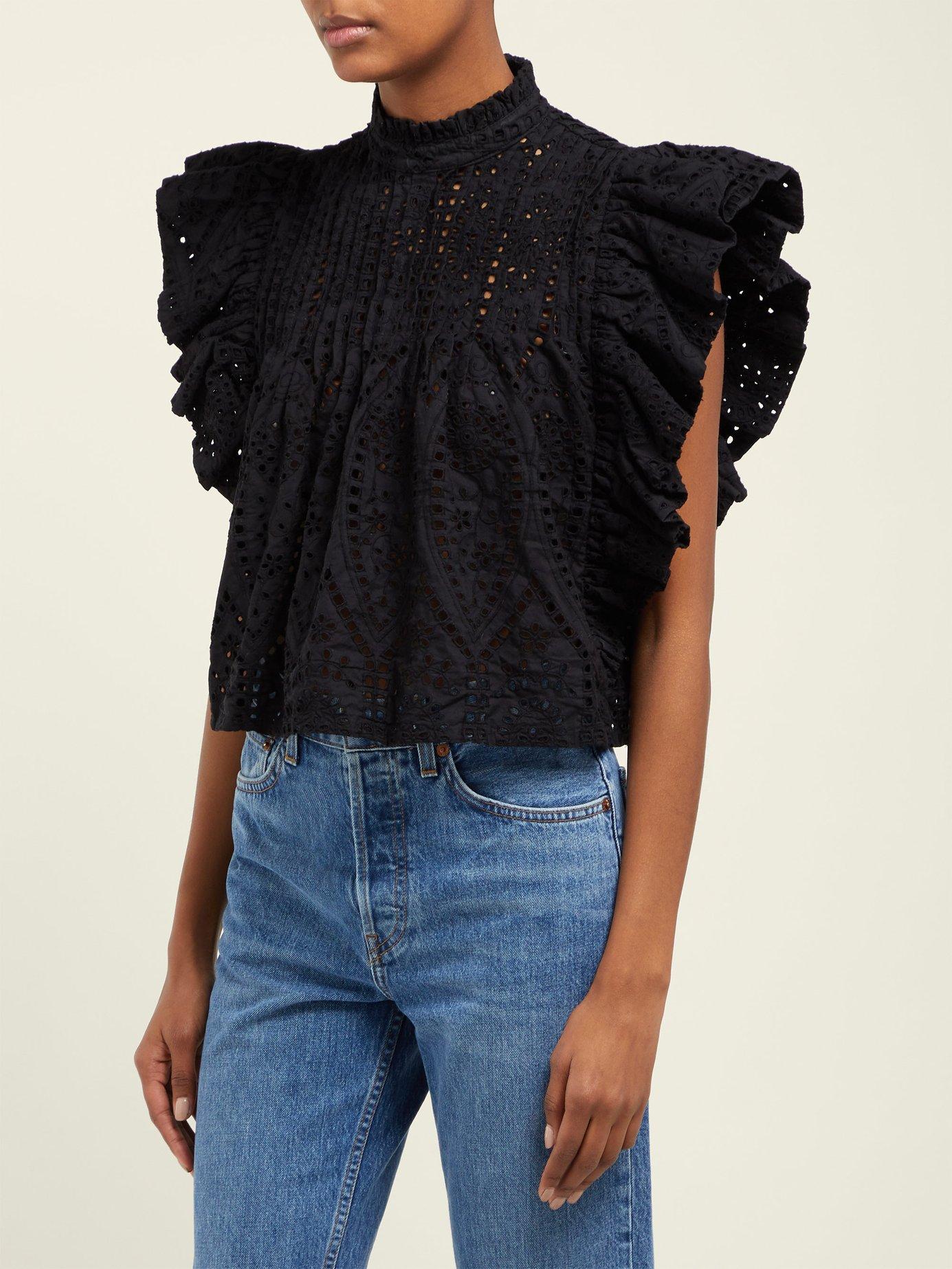 Ganni Sandrose Broderie Anglaise Cotton Blouse in Black | Lyst