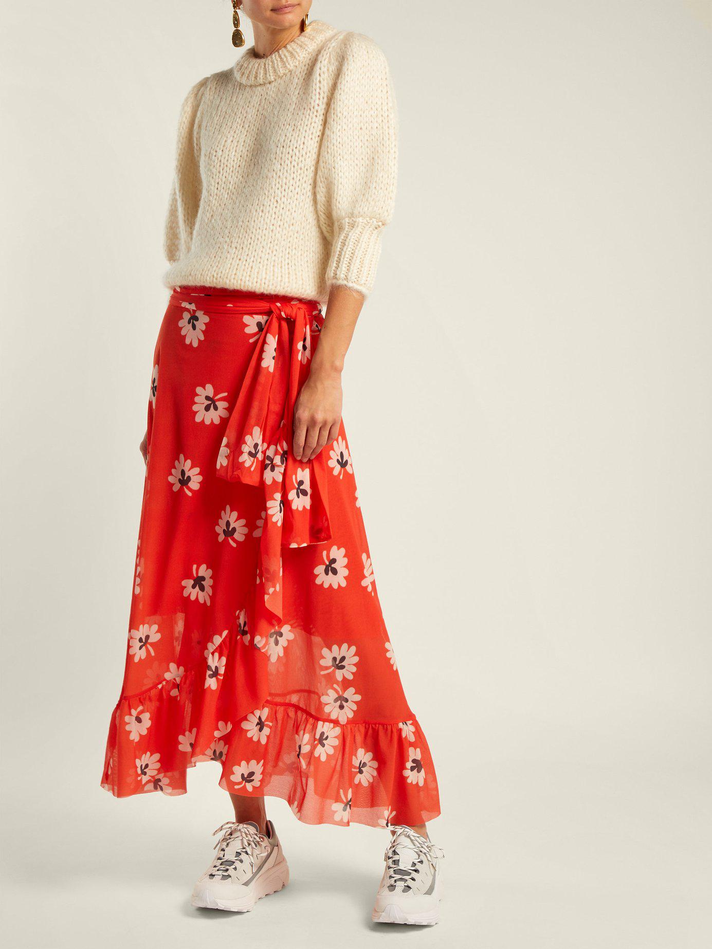 Ganni Synthetic Tilden Floral Mesh Ruffled Midi Wrap Skirt in Red | Lyst