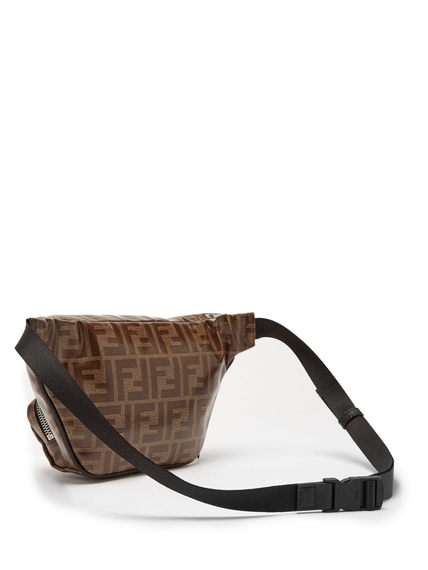 FENDI: leather and fabric pouch with jacquard FF monogram - Brown