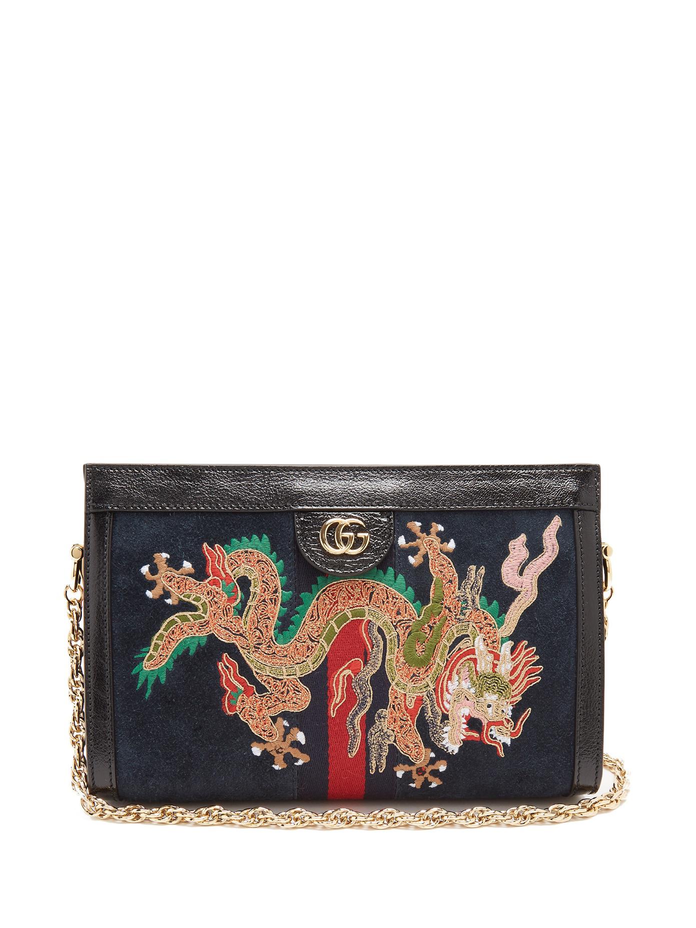 Gucci Ophidia Dragon-embroidered Suede Shoulder Bag in Black | Lyst