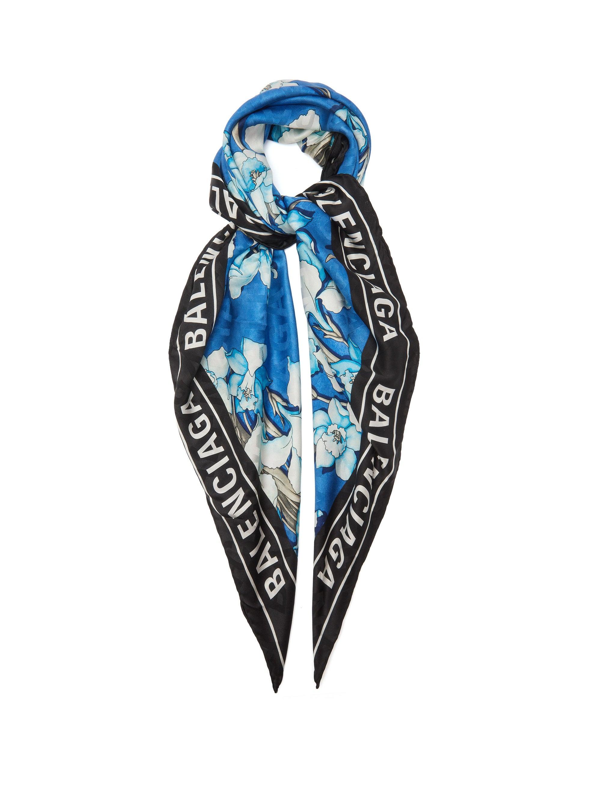 Balenciaga Floral And Logo-print Silk Scarf in Blue Print (Blue) | Lyst