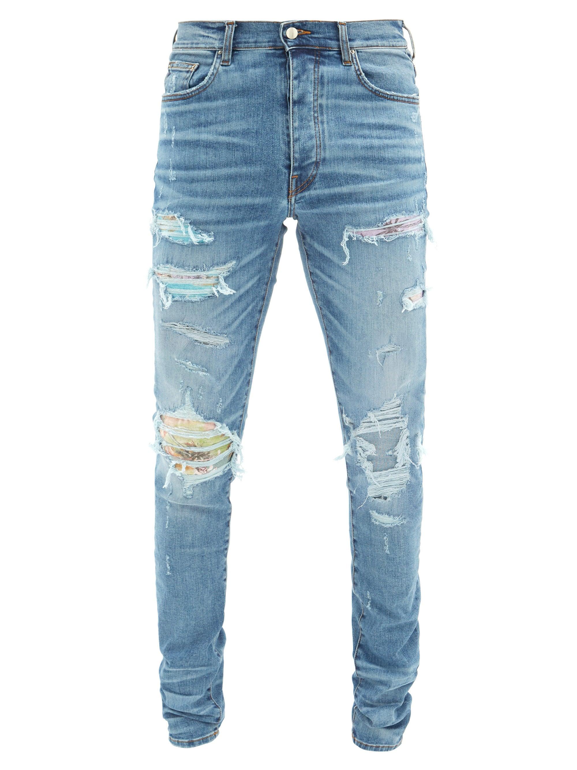 Amiri Denim Floral-patch Distressed Slim-leg Jeans in Blue for Men - Lyst