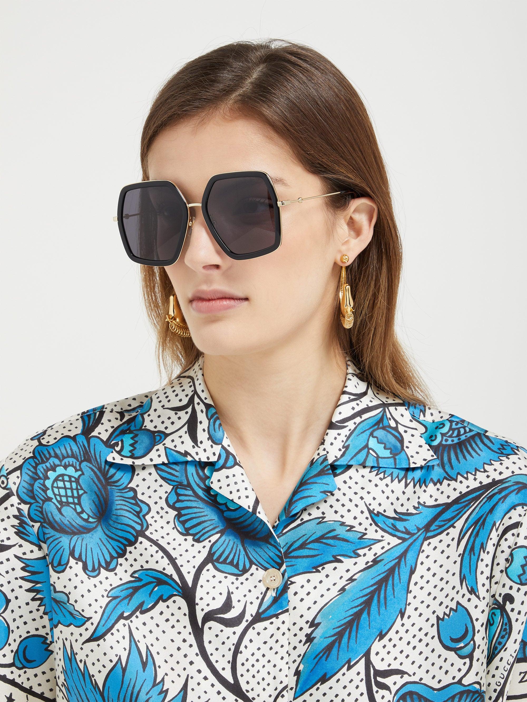Gucci Hexagon Acetate Sunglasses in Black - Lyst