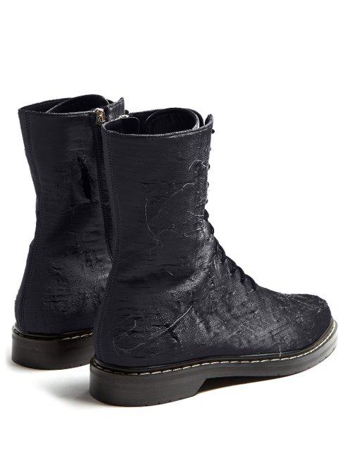 The Row Fara Lace up Distressed satin Ankle Boots in Gray Lyst