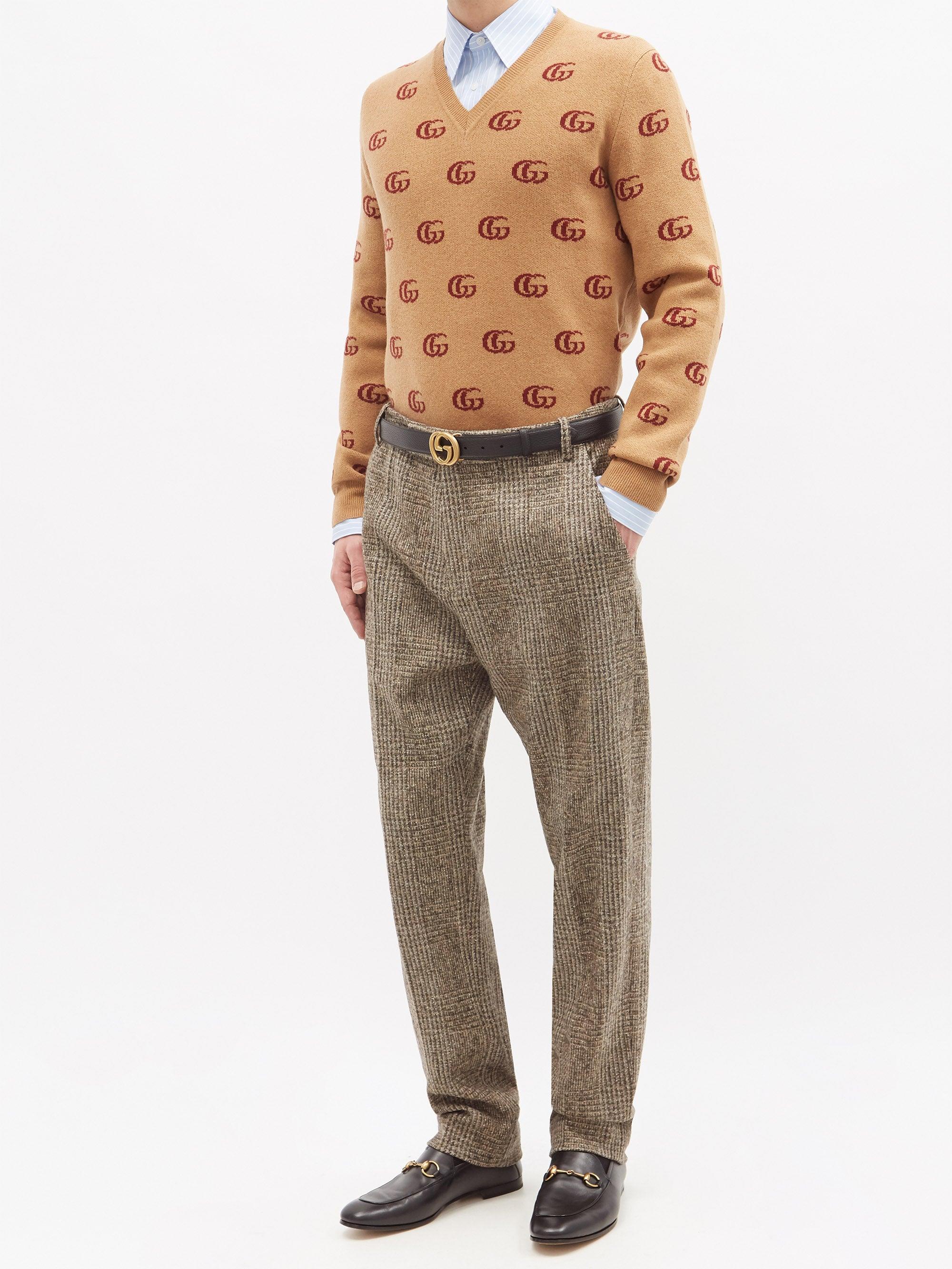 Gucci Vneck Ggjacquard Wool Sweater in Beige (Natural) for Men Lyst