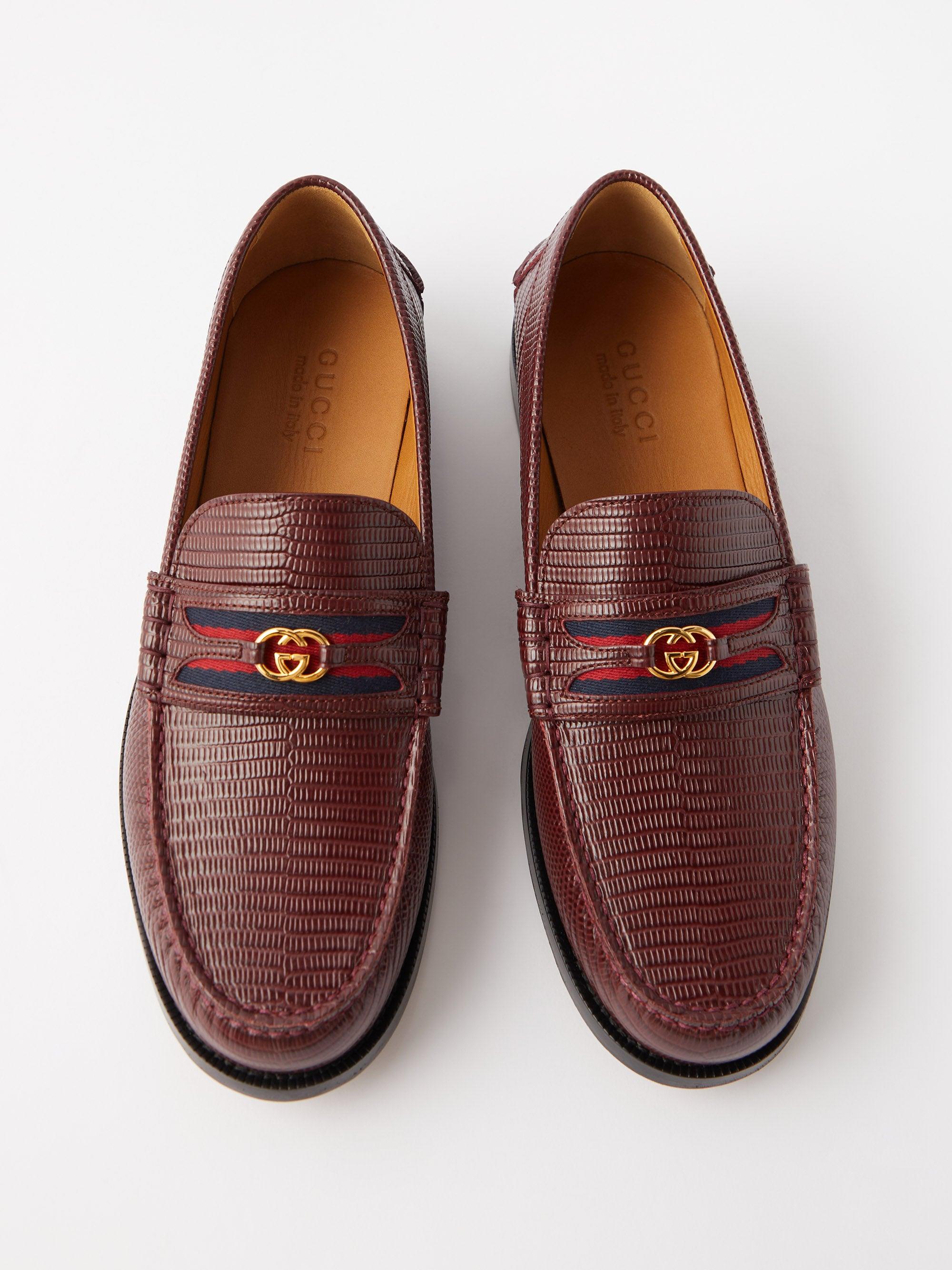 Gucci Web-stripe Lizard-effect Leather Loafers in Brown for Men | Lyst