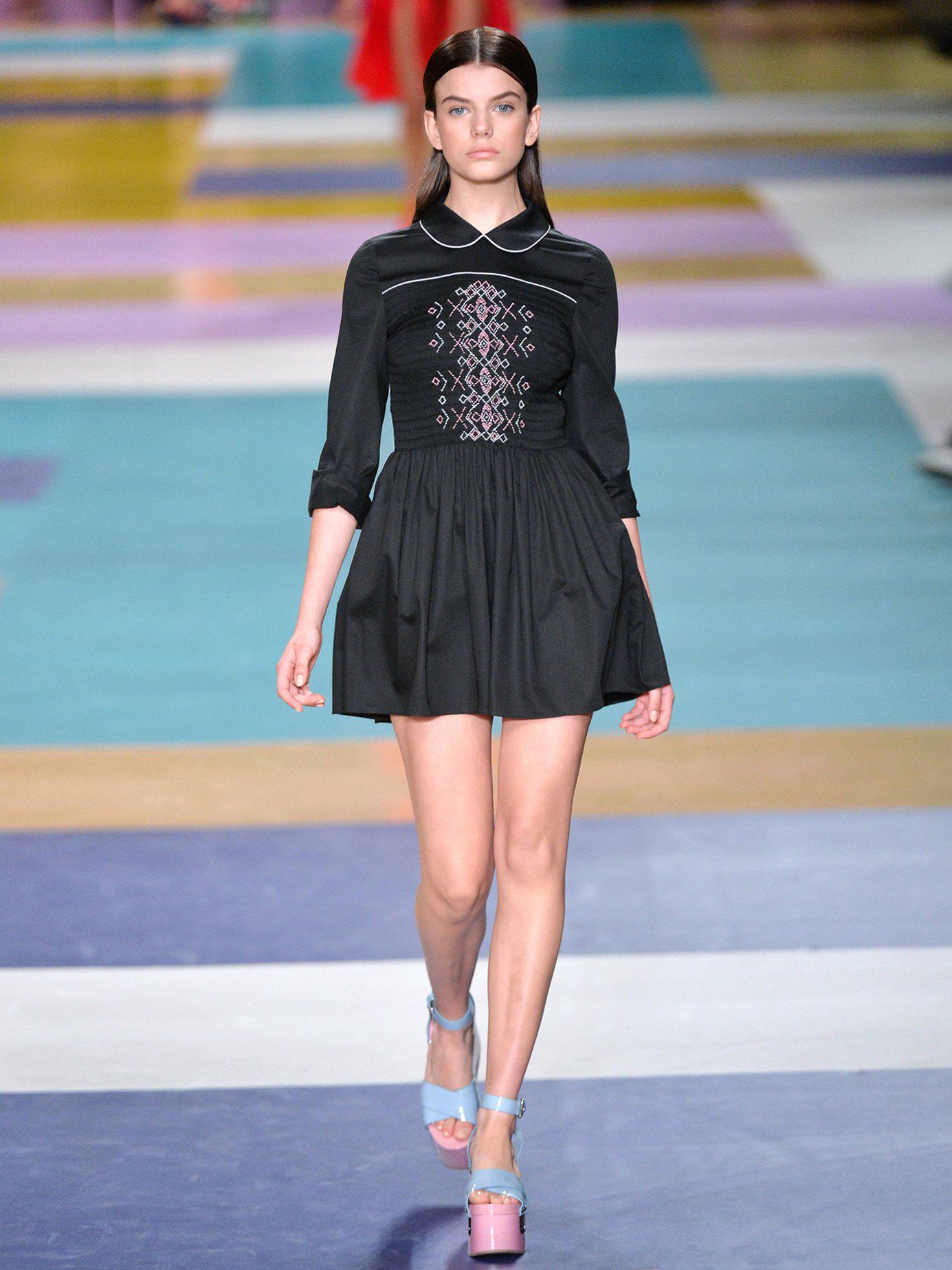 Miu Miu Smocked-front Cotton Mini Dress in Black - Lyst