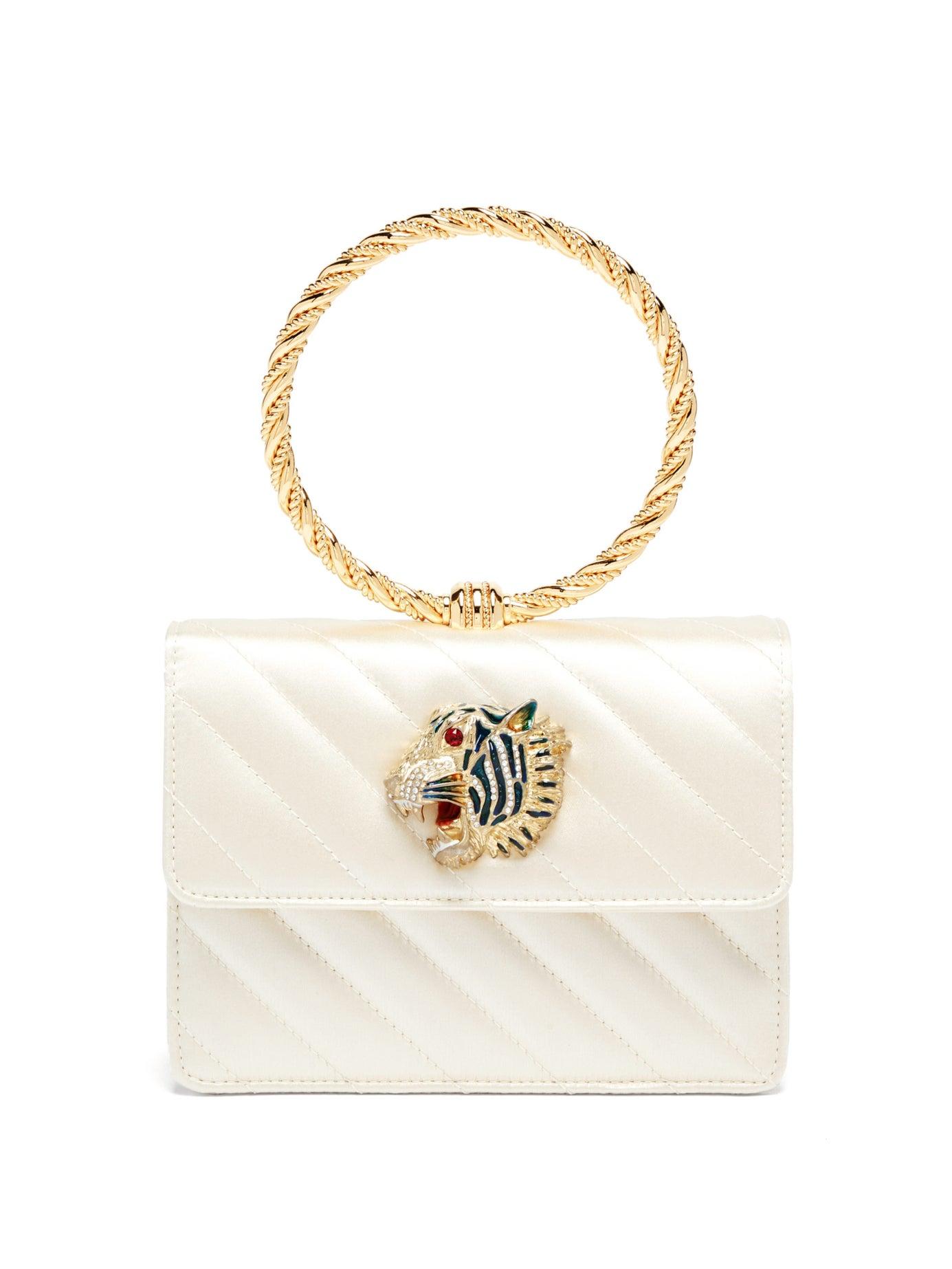 Gucci Broadway Tiger-embellished Quilted-satin Clutch in White | Lyst