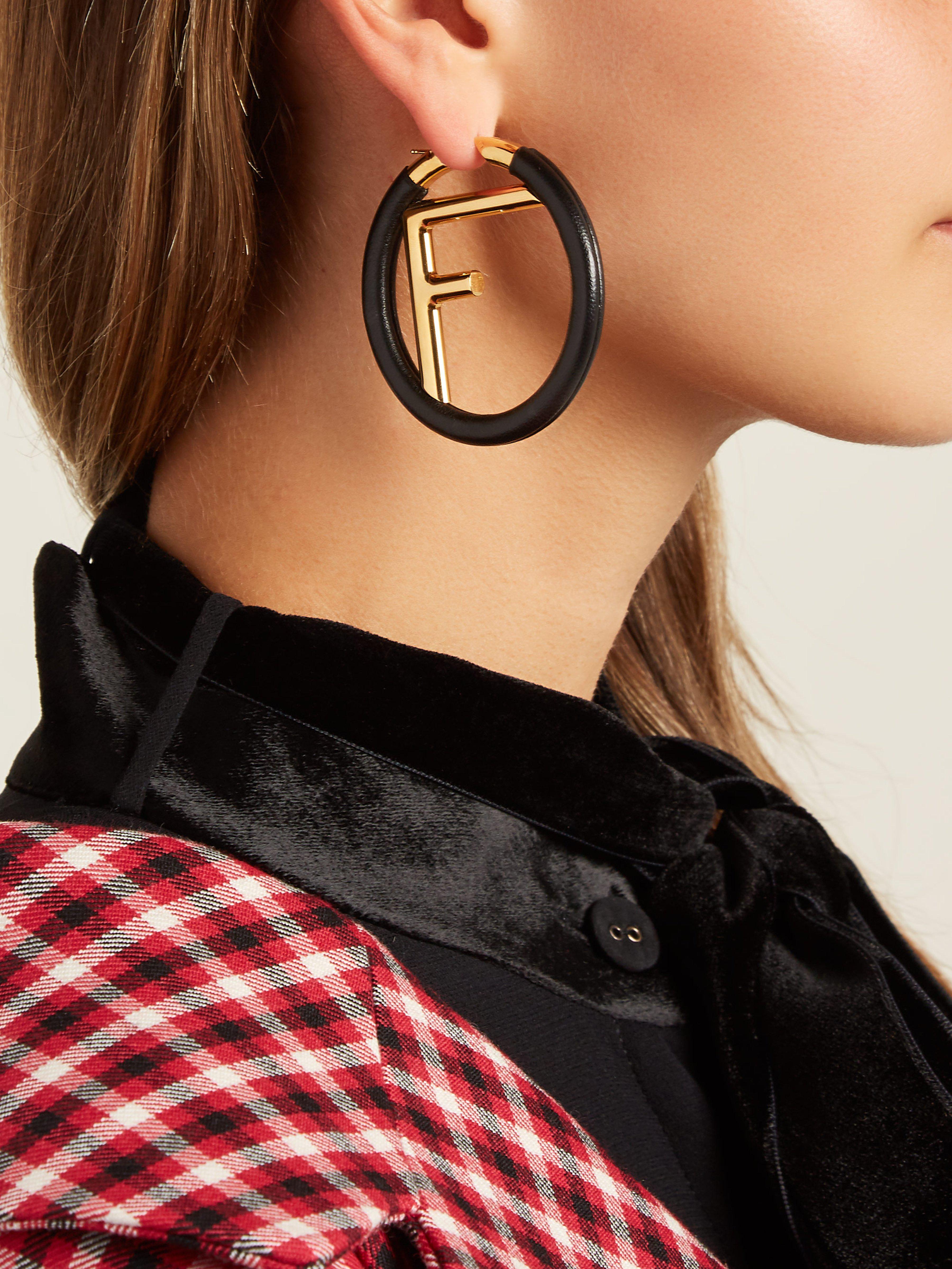 Fendi Leather Logo Hoop Earrings in Black Lyst