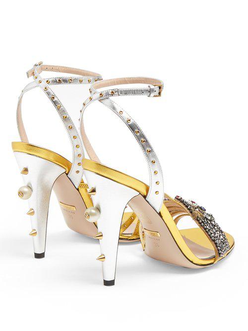 Gucci Wangy Embellished Leather Sandals in Metallic | Lyst