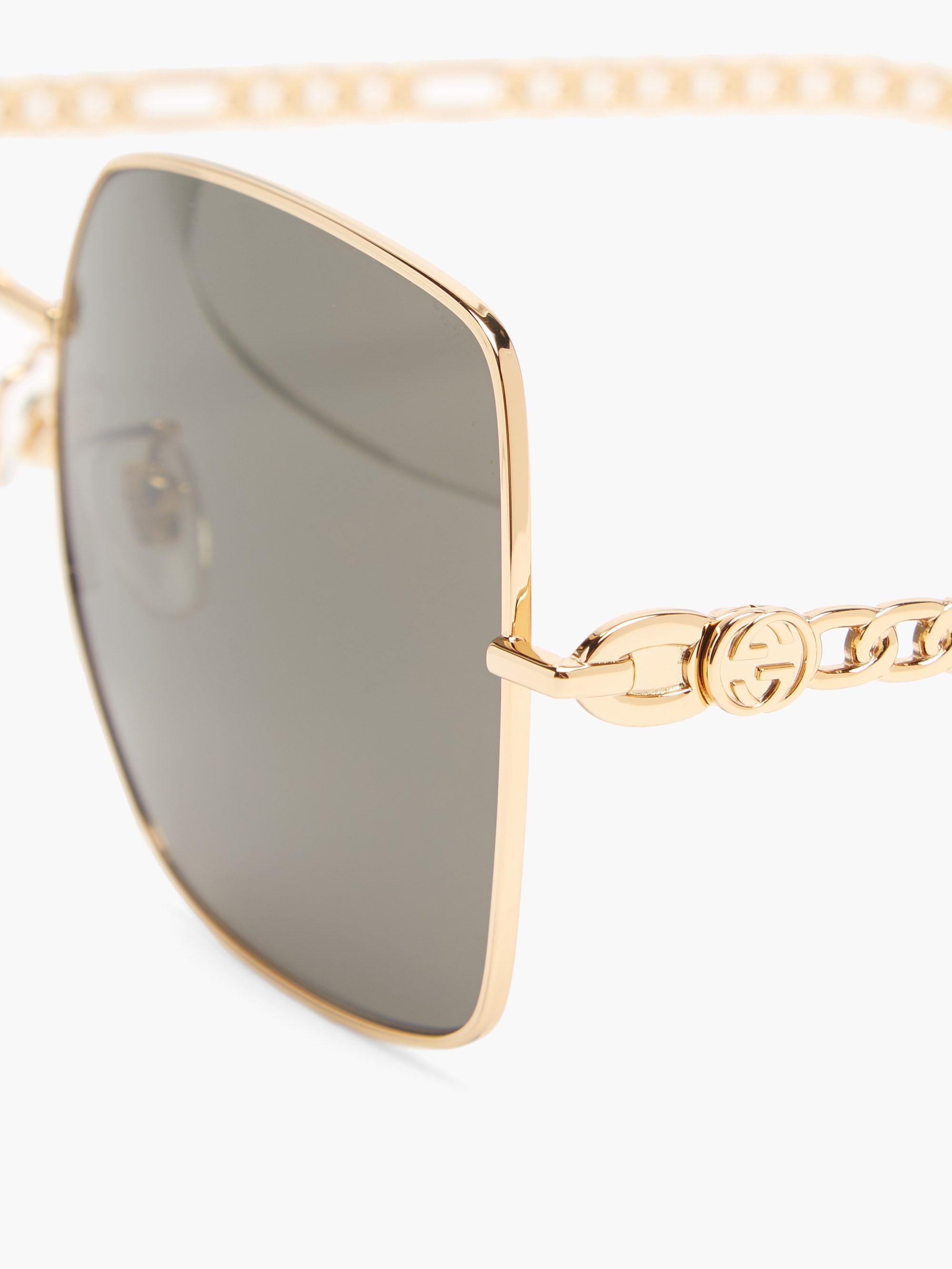 Gucci GG Chaincharm Square Metal Sunglasses in Black Gold (Metallic