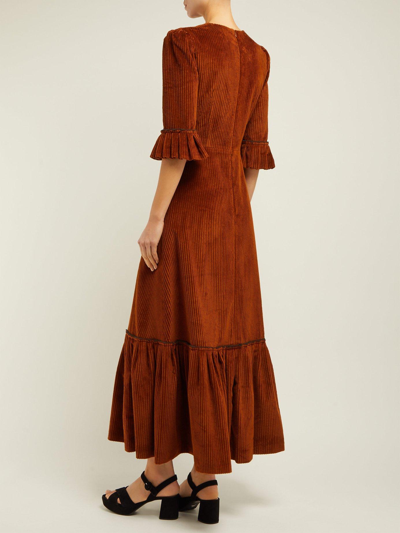 The Vampire's Wife Festival Ruffle Trimmed Cotton Corduroy Maxi Dress in Brown - Lyst