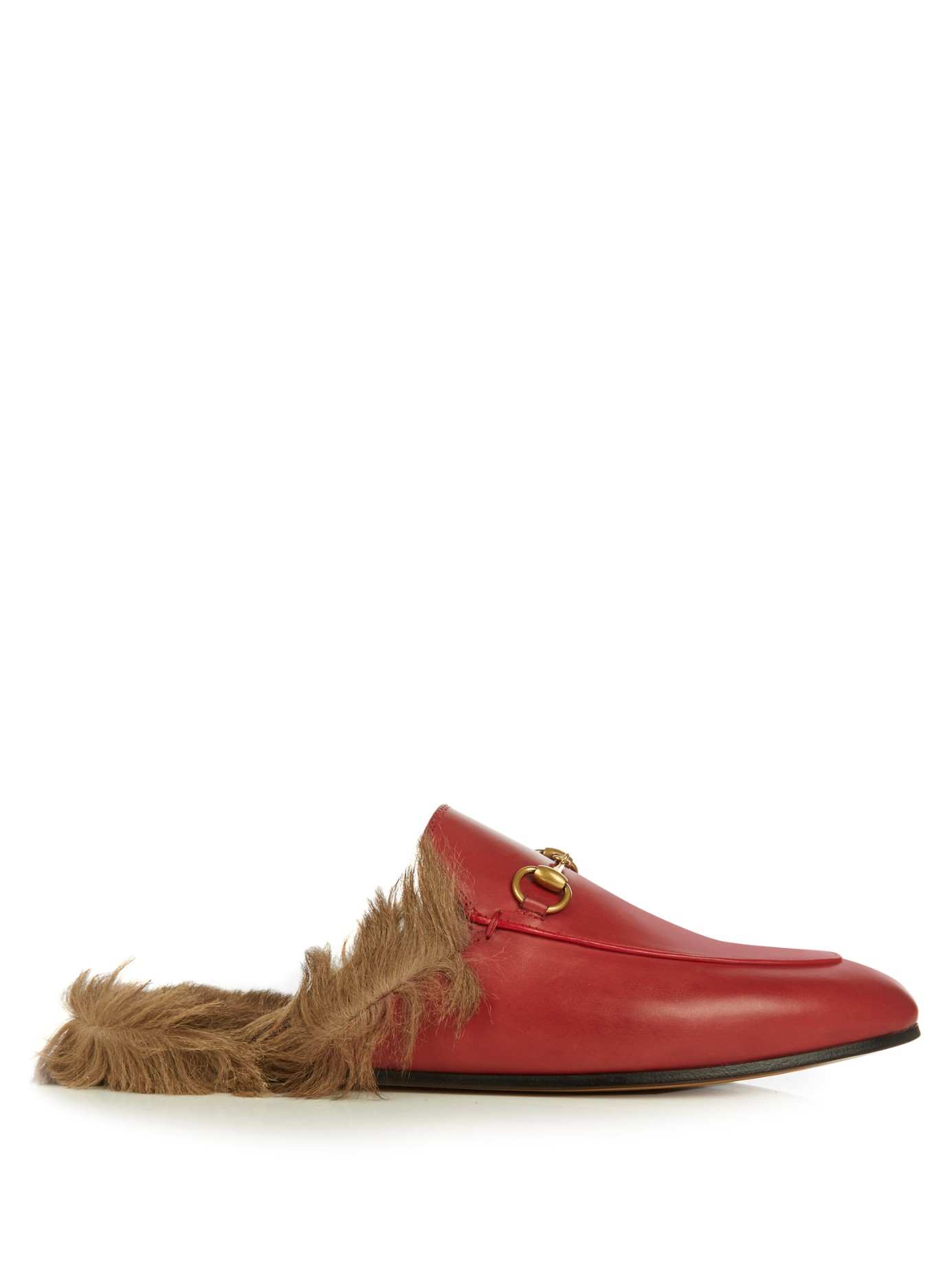 forhistorisk til eksil Transformer Gucci Princetown Fur-Lined Leather Loafers in Red | Lyst