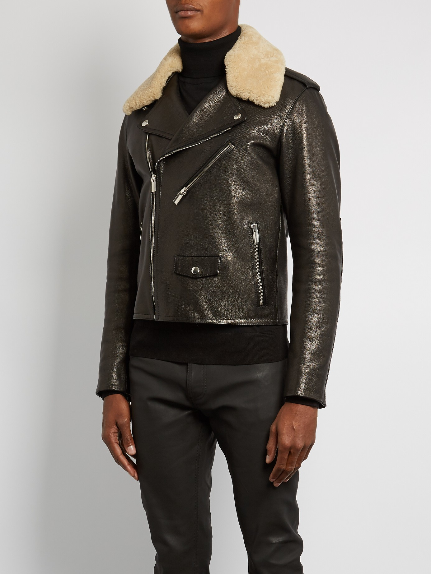 Balenciaga Leather Shearlingcollar Biker Jacket in Black for Men Lyst