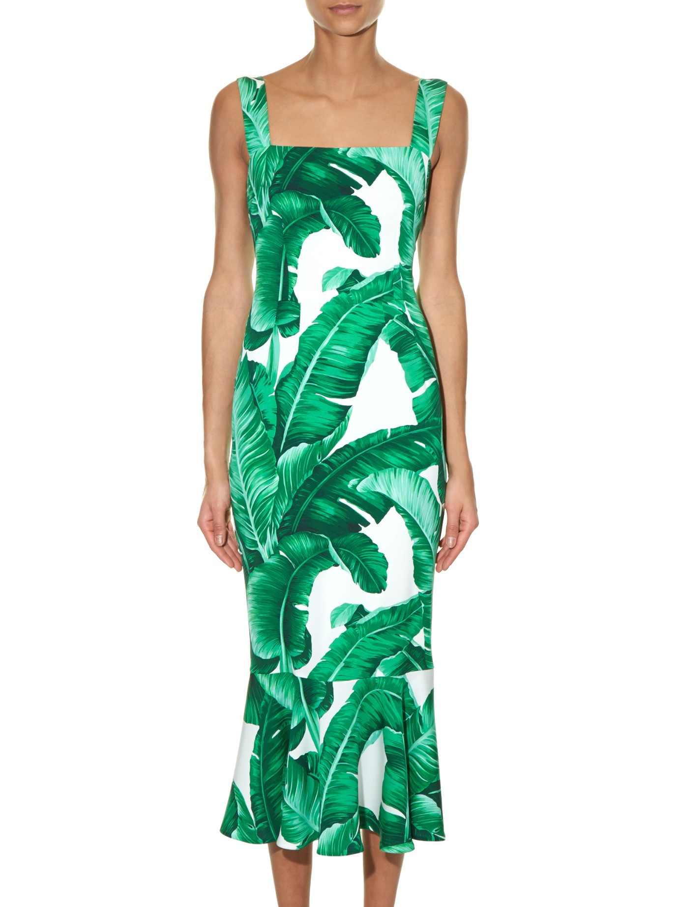 Dolce & Gabbana Banana Leaf-print Fluted-hem Dress in Green | Lyst