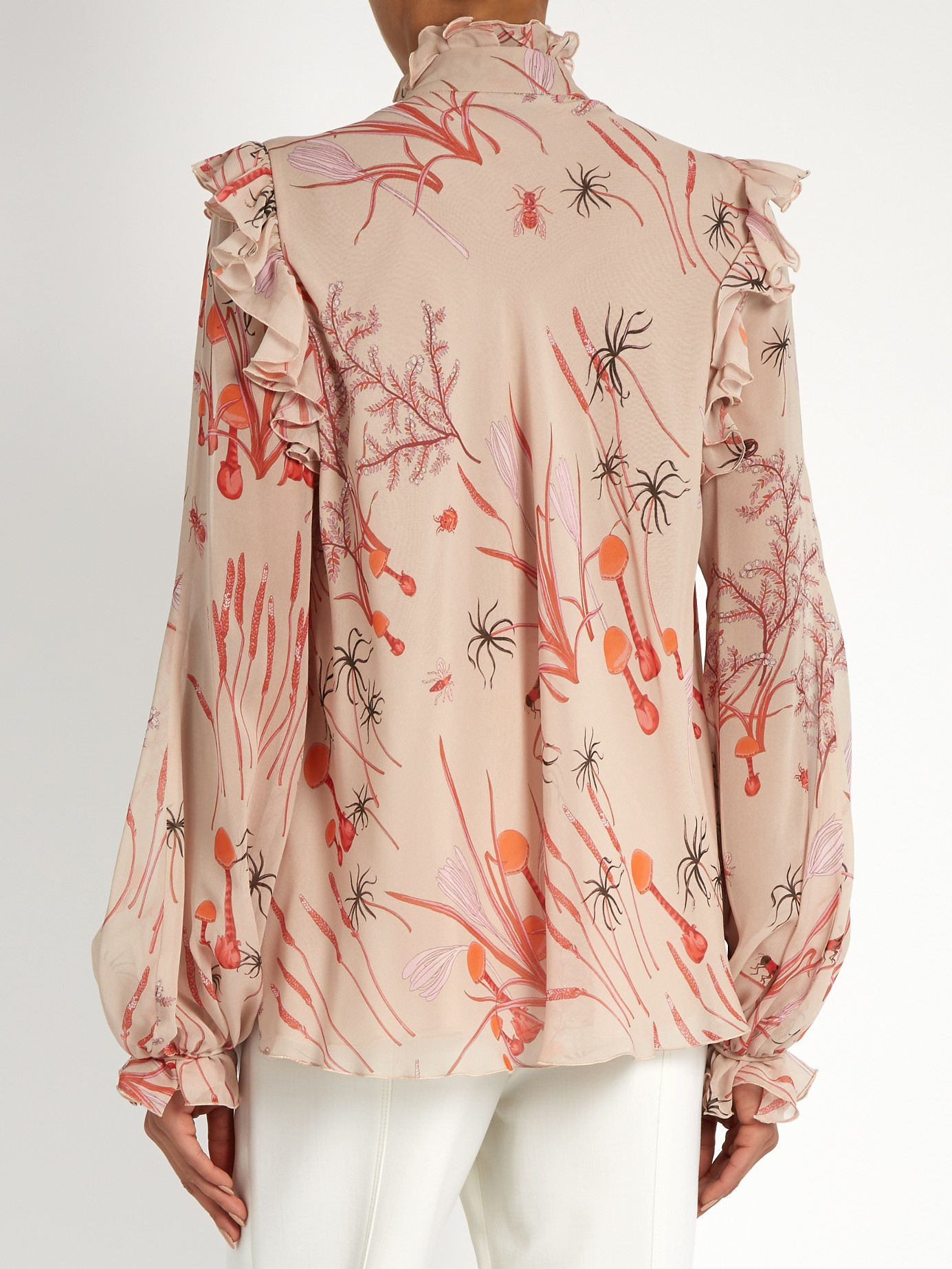 Giambattista Valli Ruffled Mushroom Print Silk Georgette Blouse In Light Pink Blue Lyst